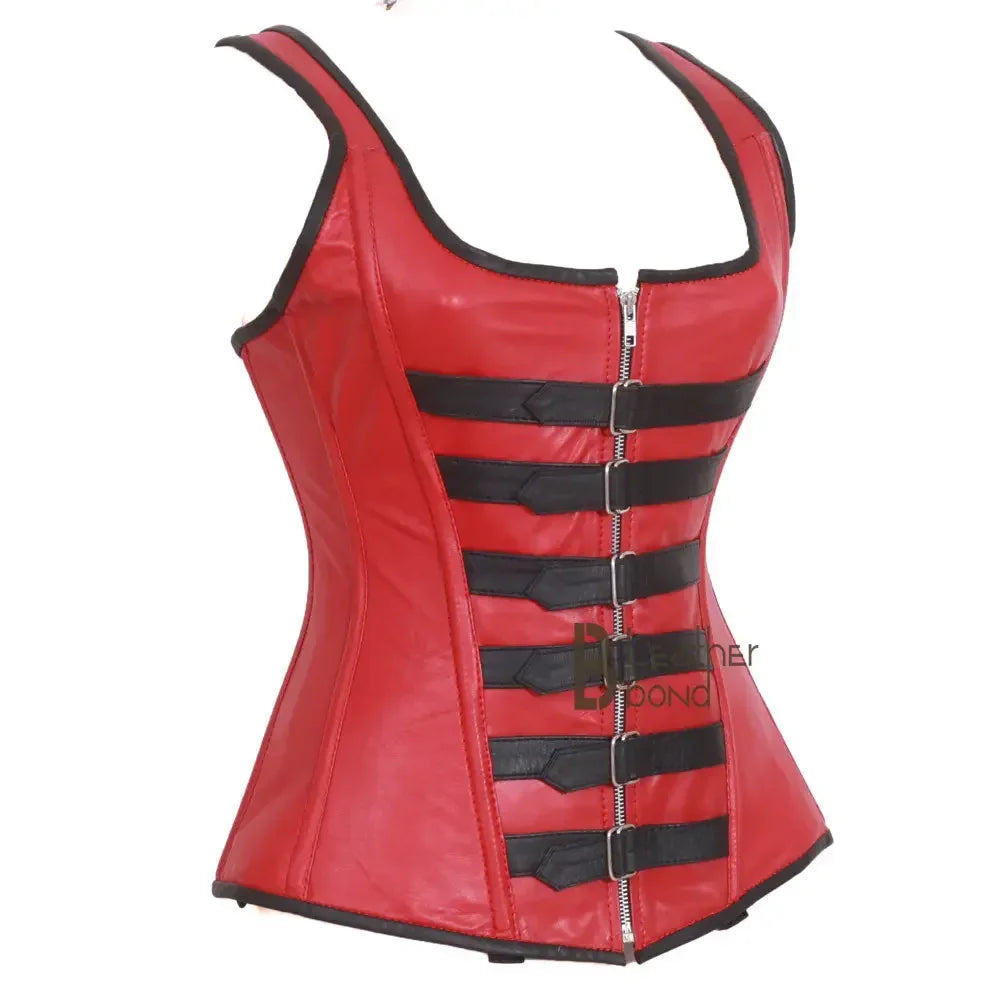 Genuine Real Sheep Leather & Stainless Steel Spiral Bones OverBust Corset Red