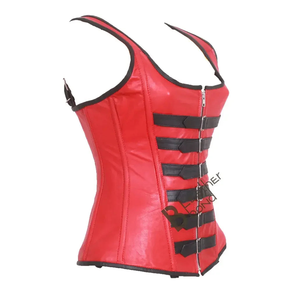 Genuine Real Sheep Leather & Stainless Steel Spiral Bones OverBust Corset Red