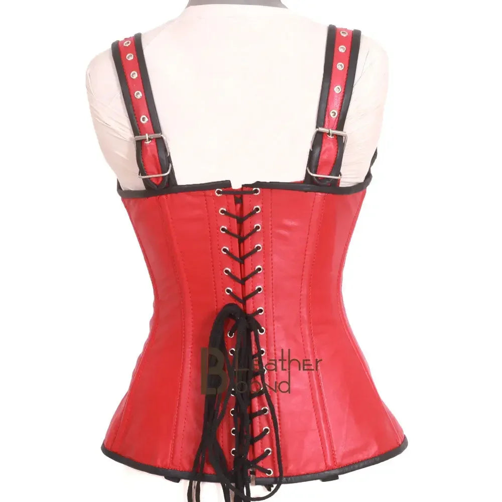 Genuine Real Sheep Leather & Stainless Steel Spiral Bones OverBust Corset Red
