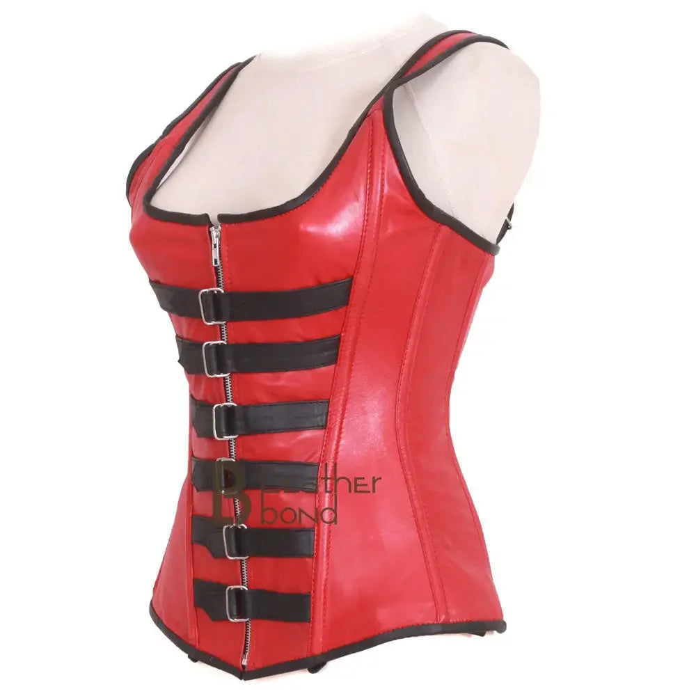 Genuine Real Sheep Leather & Stainless Steel Spiral Bones OverBust Corset Red