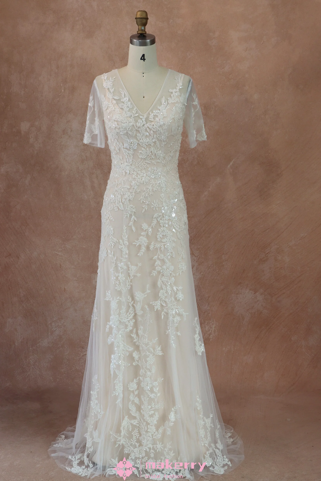 Beaded Lace Beaded Lace and Tulle Sheath Wedding Dress