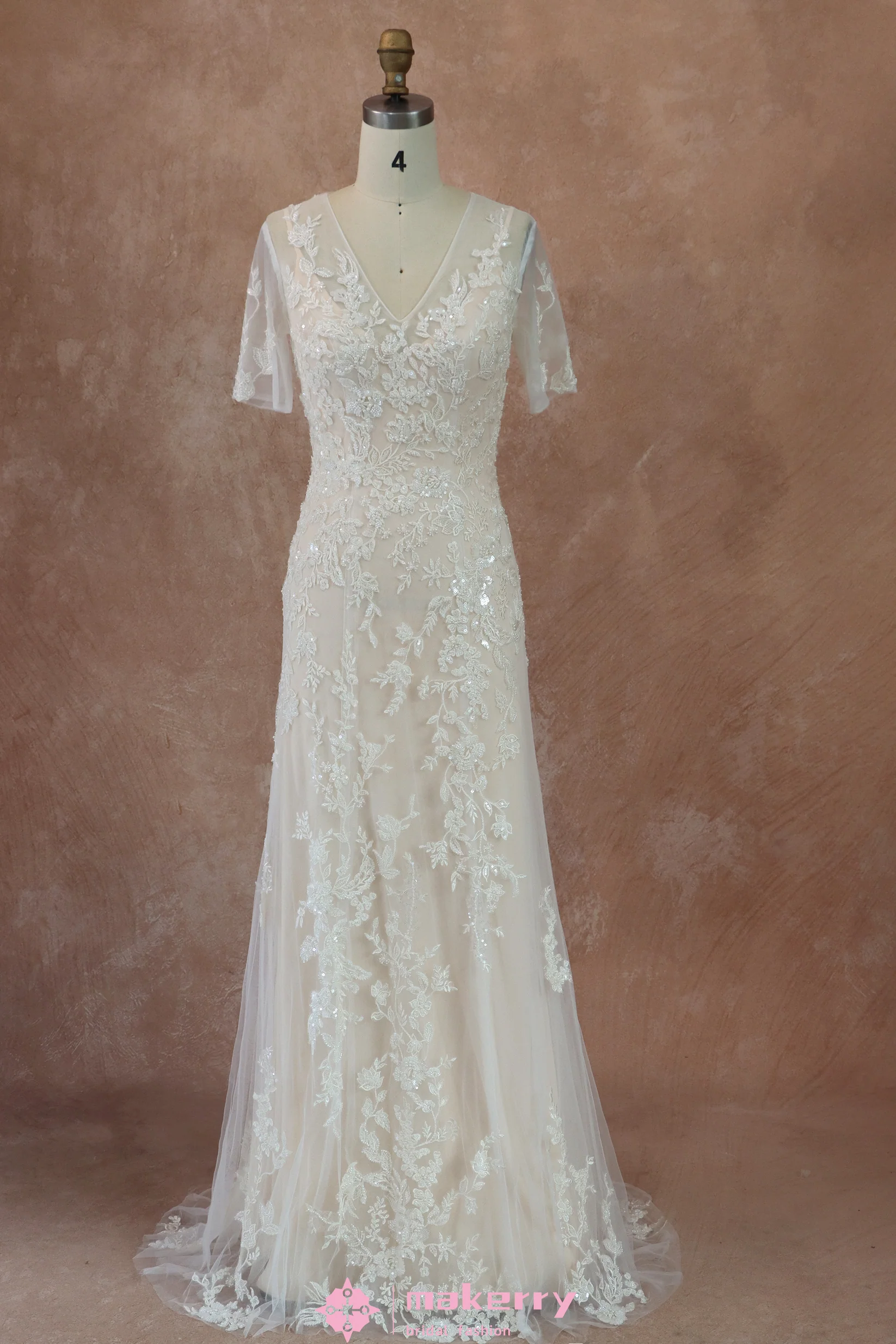 Beaded Lace Beaded Lace and Tulle Sheath Wedding Dress