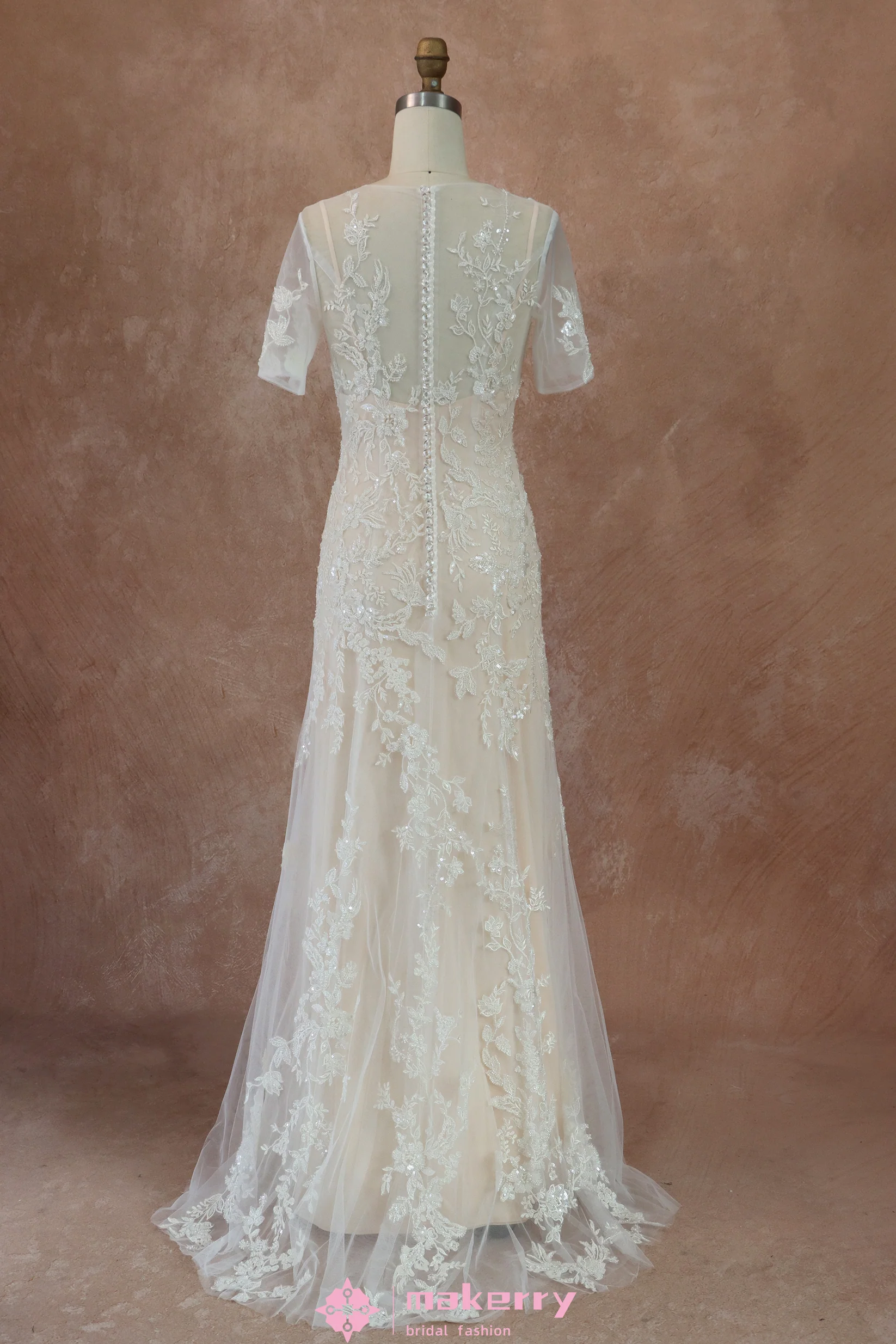 Beaded Lace Beaded Lace and Tulle Sheath Wedding Dress