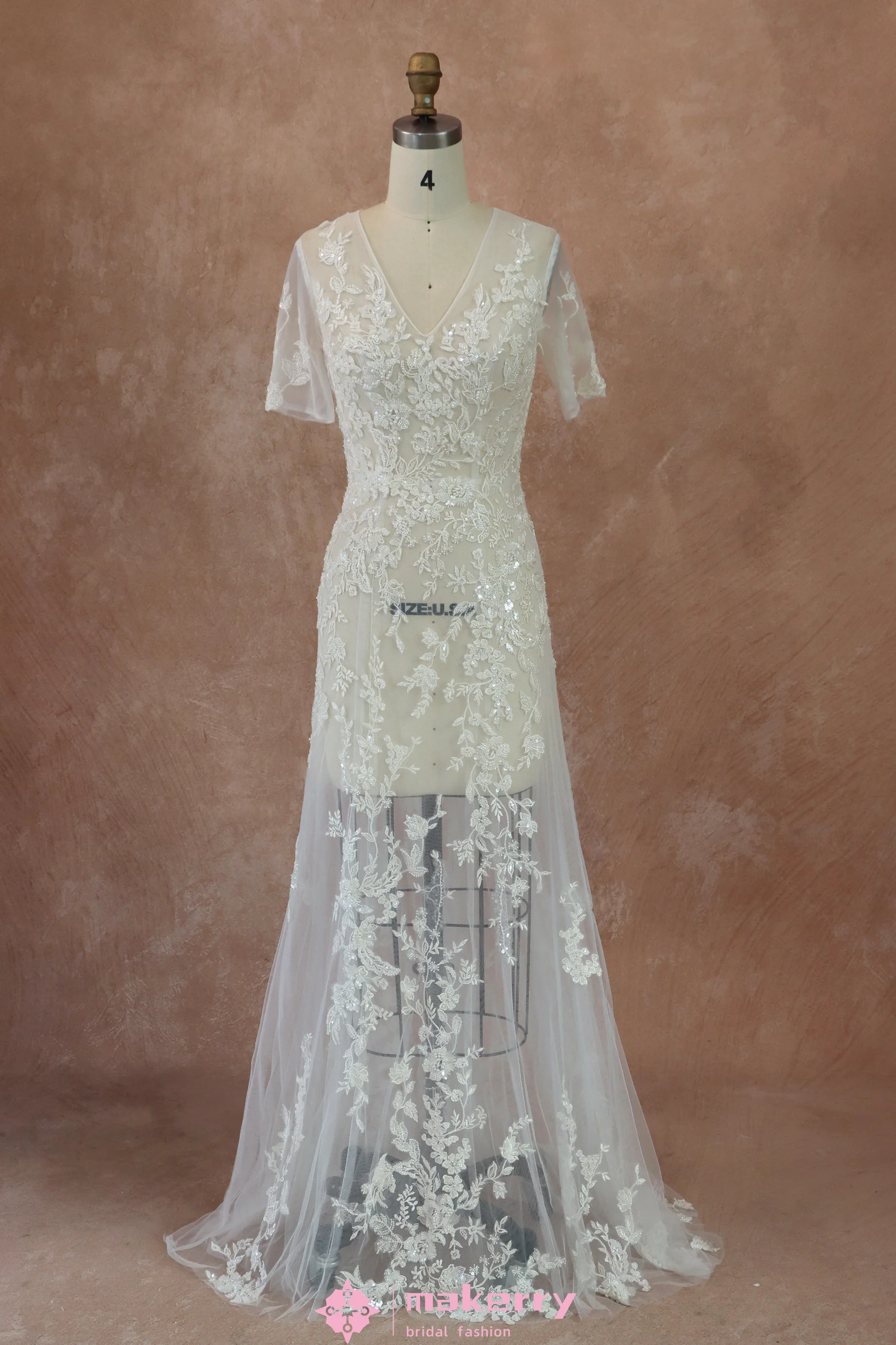 Beaded Lace Beaded Lace and Tulle Sheath Wedding Dress