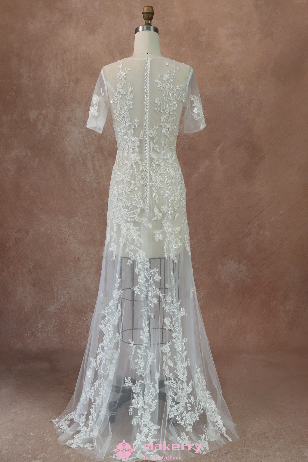 Beaded Lace Beaded Lace and Tulle Sheath Wedding Dress