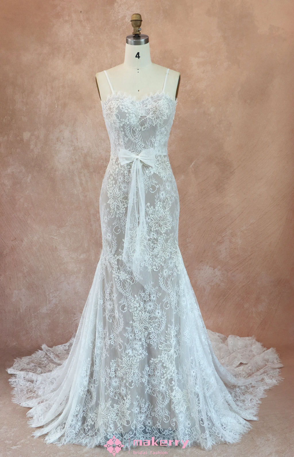 Mermaid Chapel Train Floral Lace Wedding Dress-Size 4-image-3