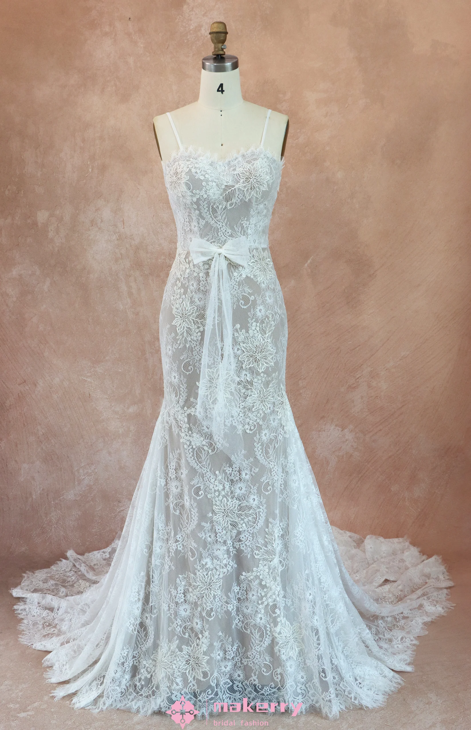 Mermaid Chapel Train Floral Lace Wedding Dress-Size 4-image-3