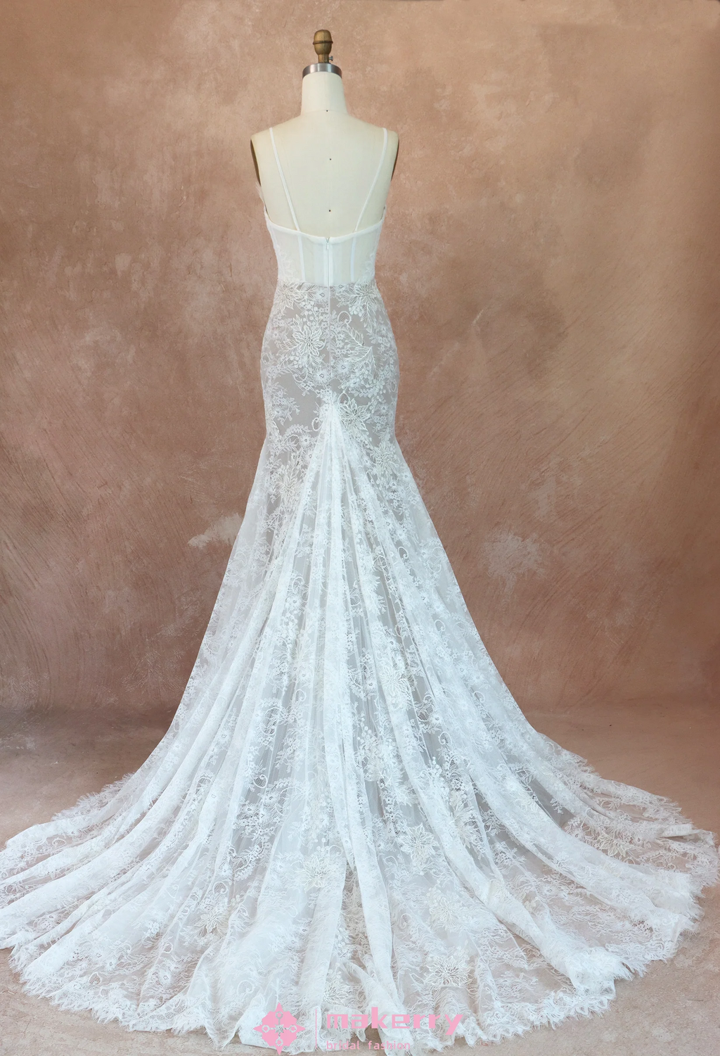 Mermaid Chapel Train Floral Lace Wedding Dress-Size 4-image-2