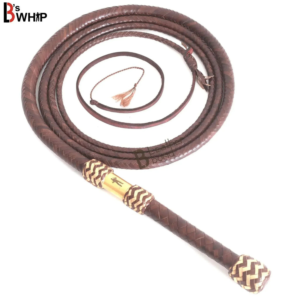 Bull Whip 6, 8, 10, 12, 14 & 16 Feet long 16 Strands Brown Kangaroo Hide Leather Equestrian Bullwhip Leather Belly & Bolster Construction