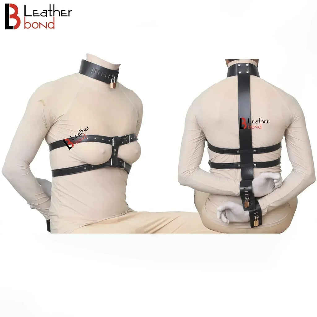 Cowhide Leather Armbinder Locking Collar & Wrist Restraints Back Slave BDSM Restraint Set