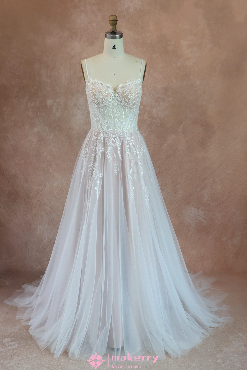 Beautiful Ethereal A-Line Wedding Dress with Spaghetti Straps-Size 4-image-4