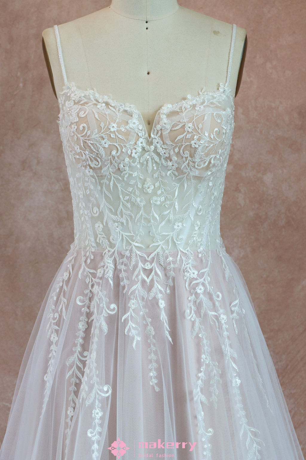 Beautiful Ethereal A-Line Wedding Dress with Spaghetti Straps-Size 4-image-2