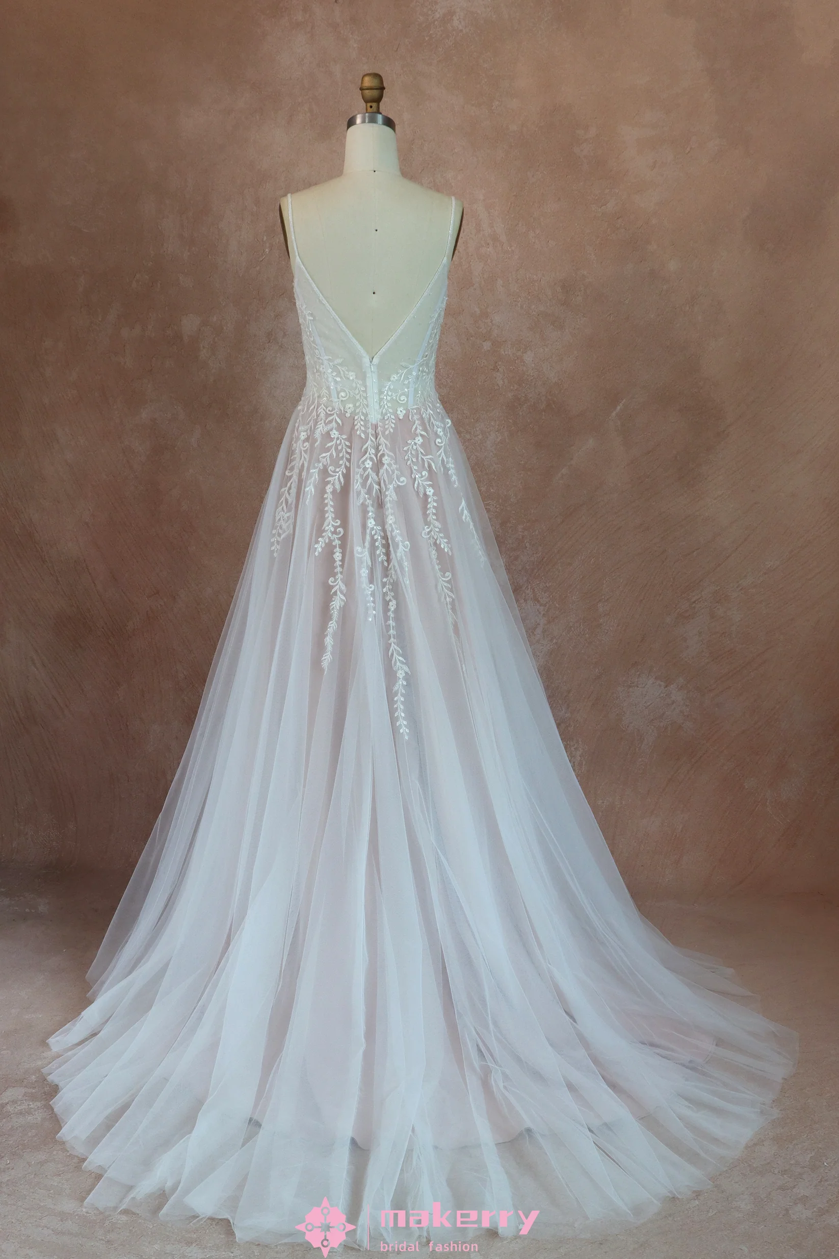 Beautiful Ethereal A-Line Wedding Dress with Spaghetti Straps