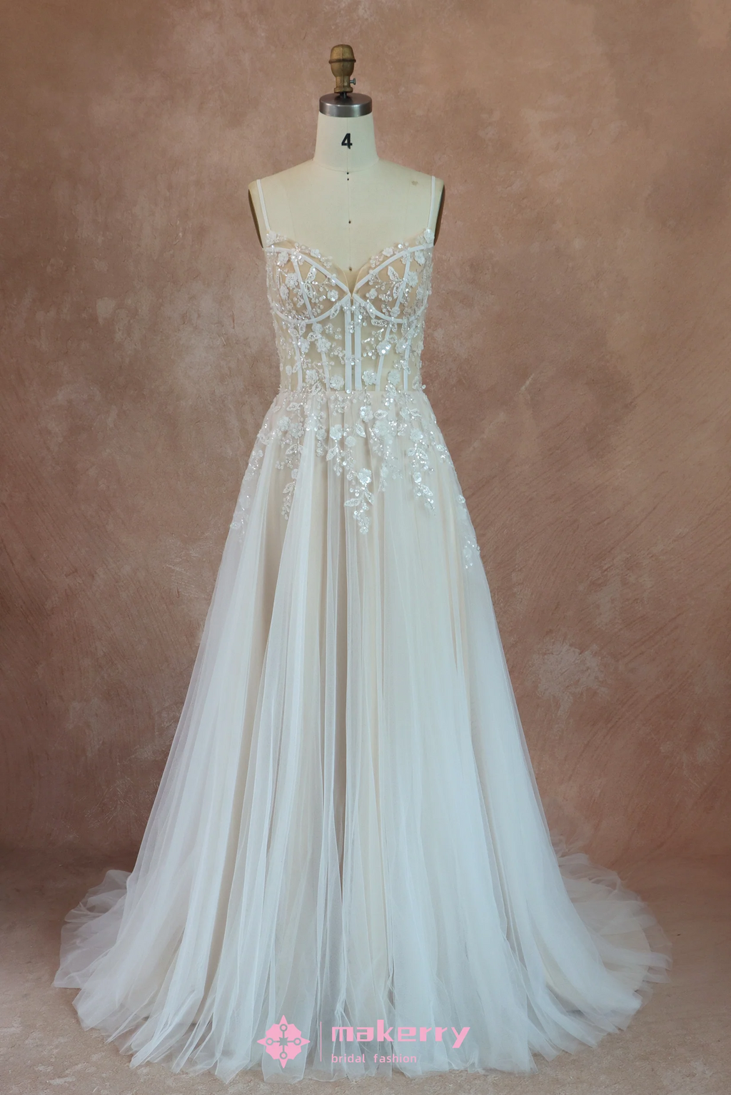 Boho See Through Lace Wedding Dress With 3D beaded Flowers