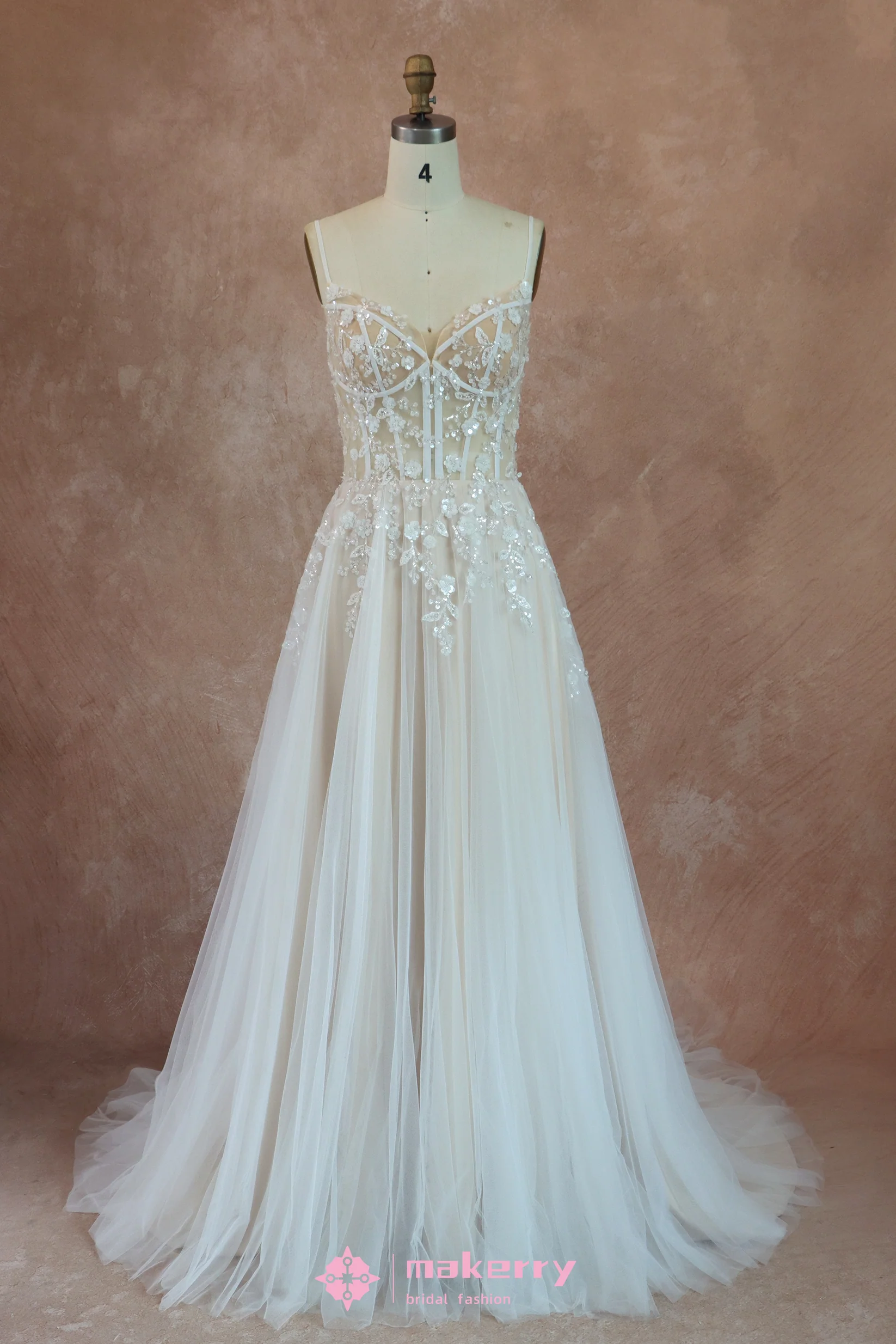 Boho See Through Lace Wedding Dress With 3D beaded Flowers