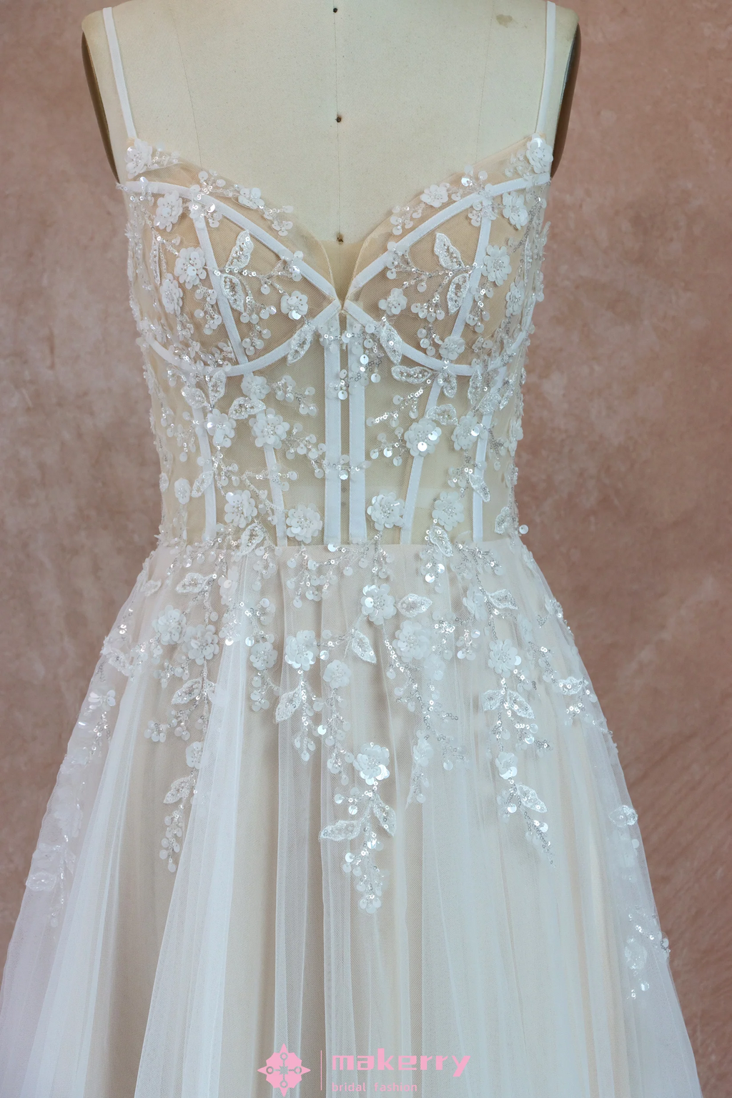 Boho See Through Lace Wedding Dress With 3D beaded Flowers-Size 4-image-2