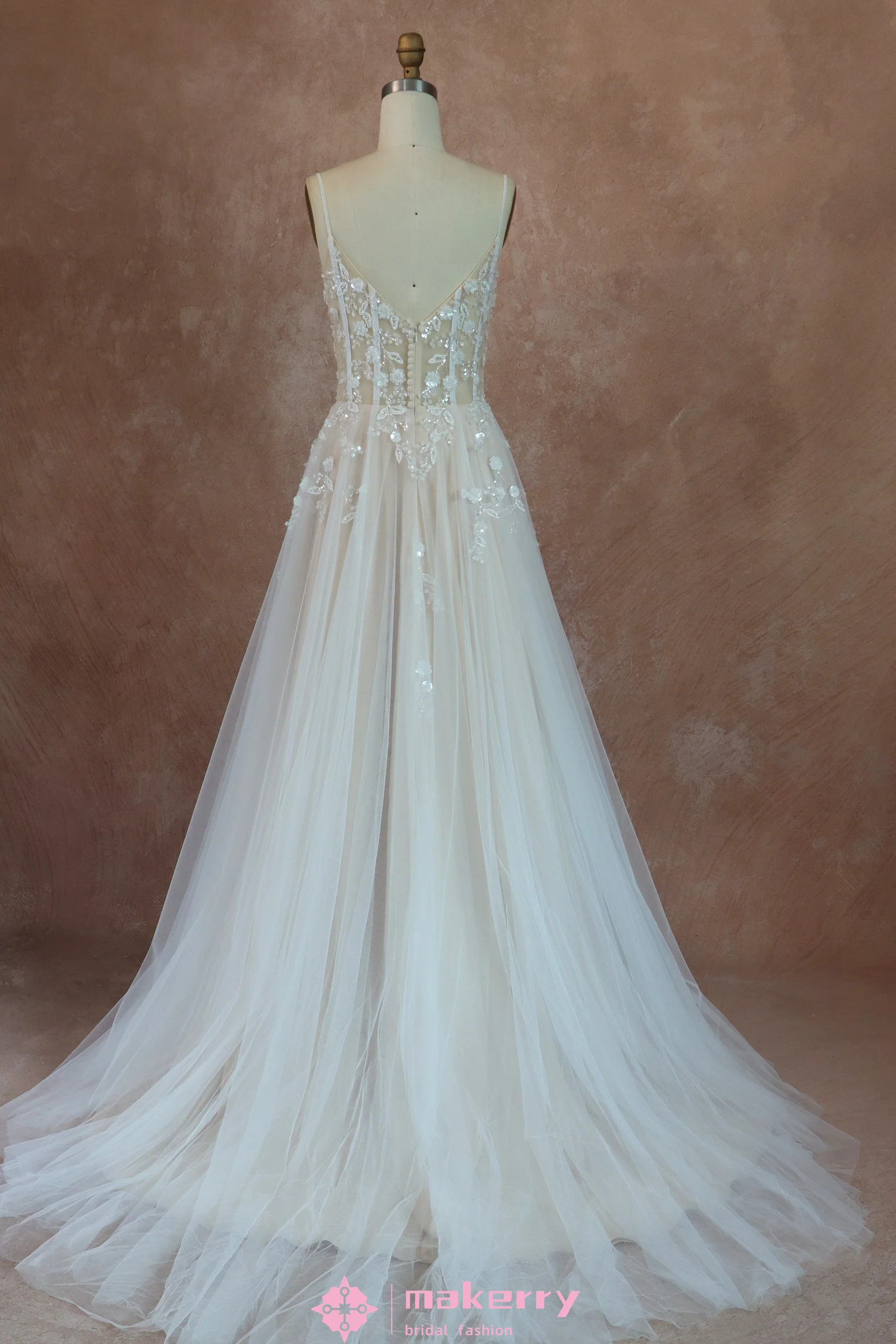 Boho See Through Lace Wedding Dress With 3D beaded Flowers
