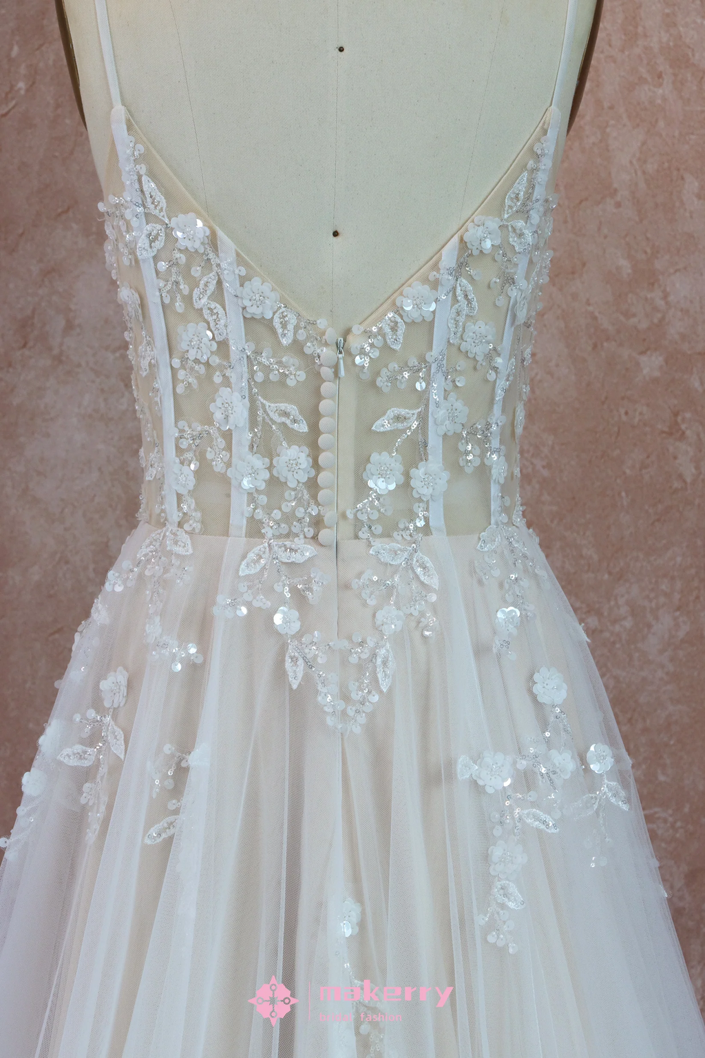 Boho See Through Lace Wedding Dress With 3D beaded Flowers-Size 4-image-1