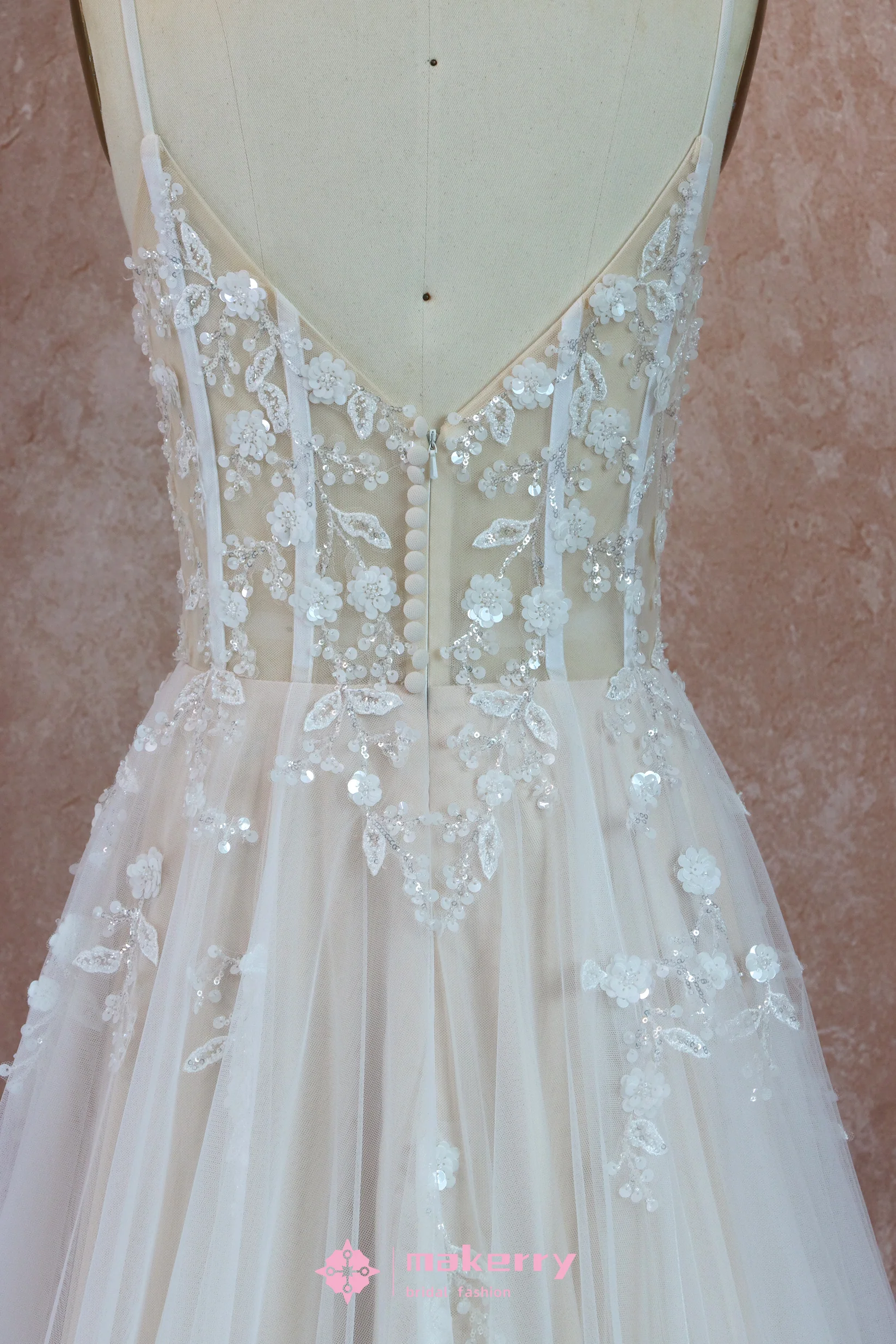 Boho See Through Lace Wedding Dress With 3D beaded Flowers-Size 4-image-1