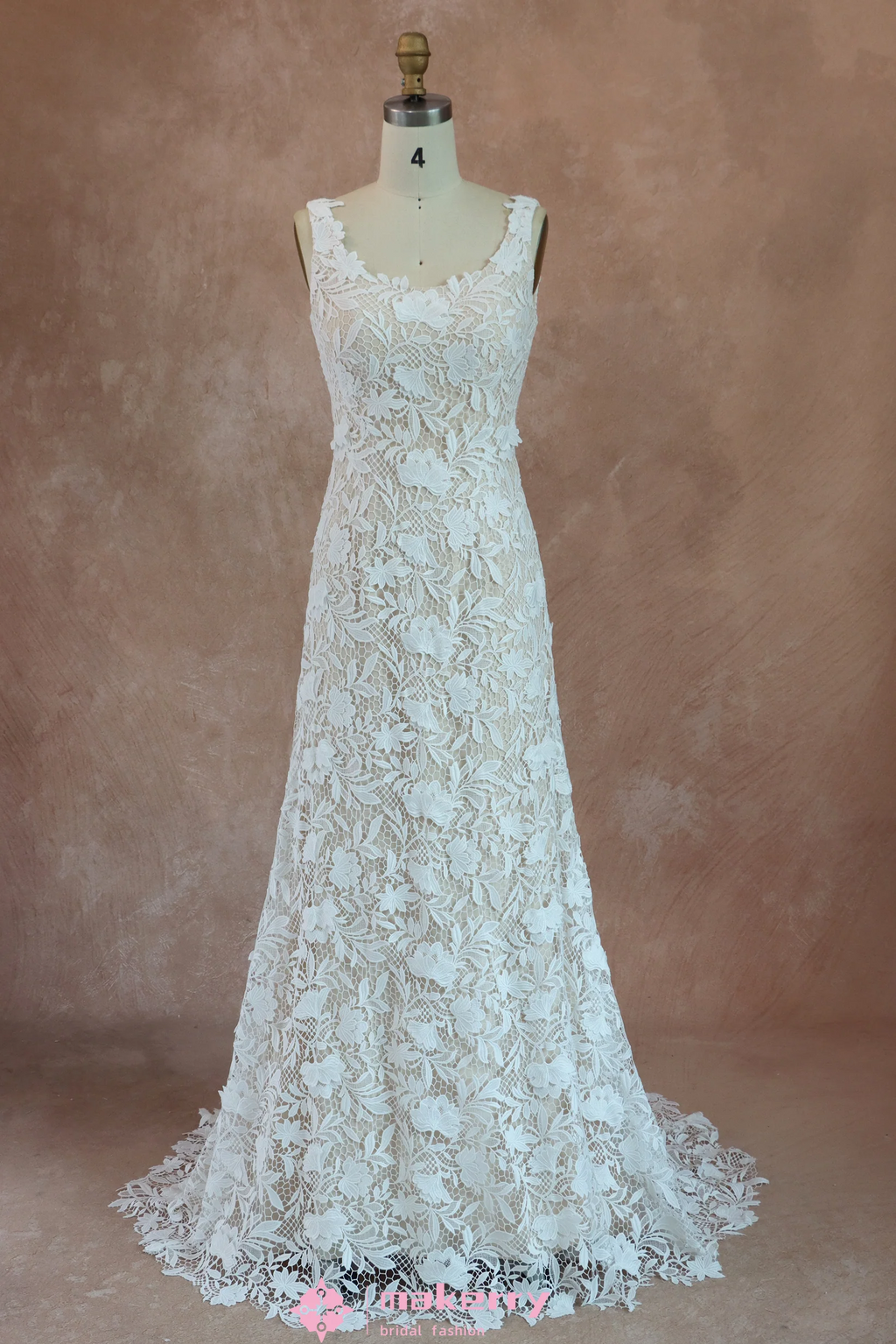 Elegant Three-Dimensional Floral Lace Wedding Dress With Bateau Neckline