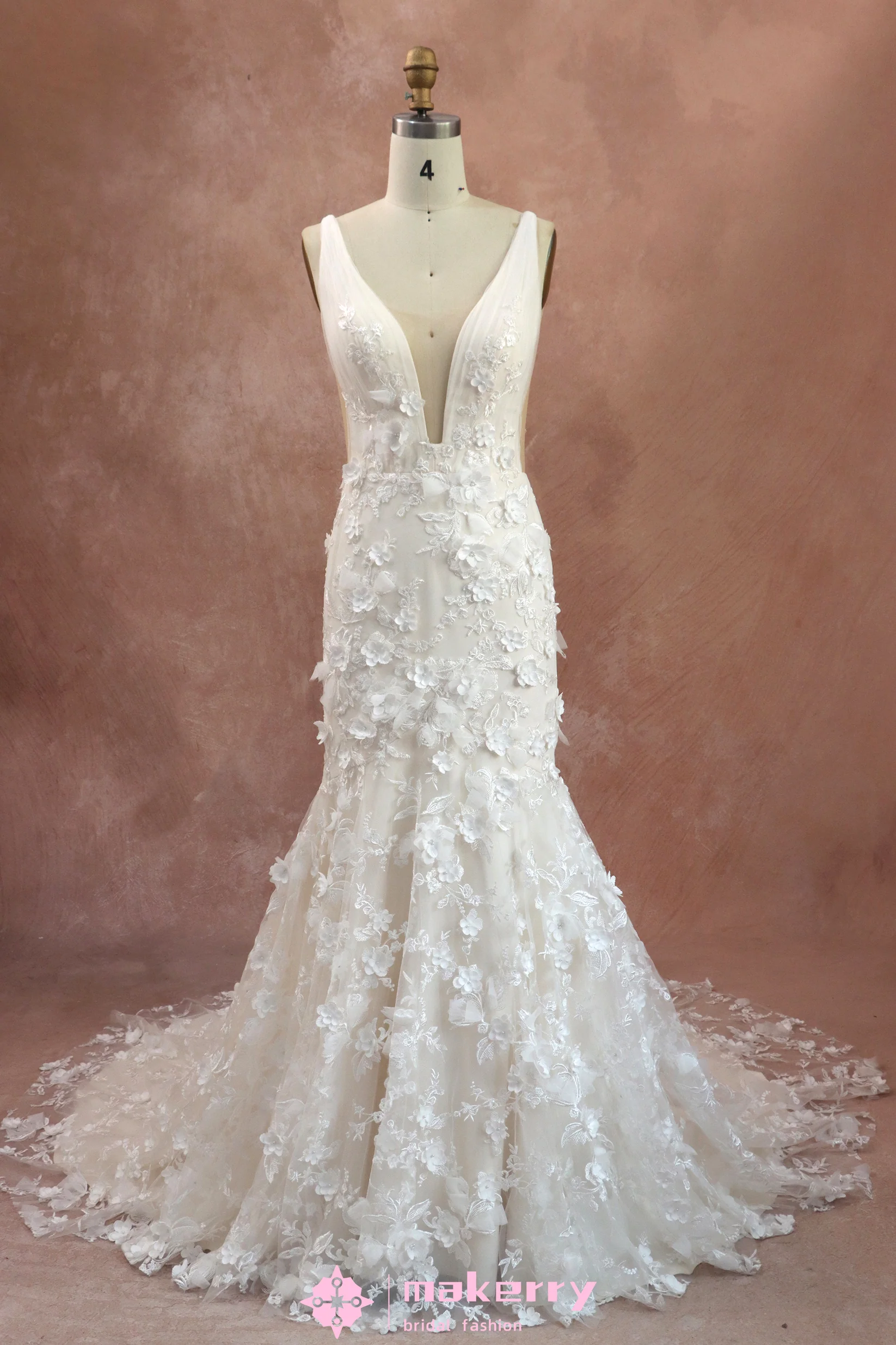3D Flowers Lace Wedding Dress With Deep V-neckline