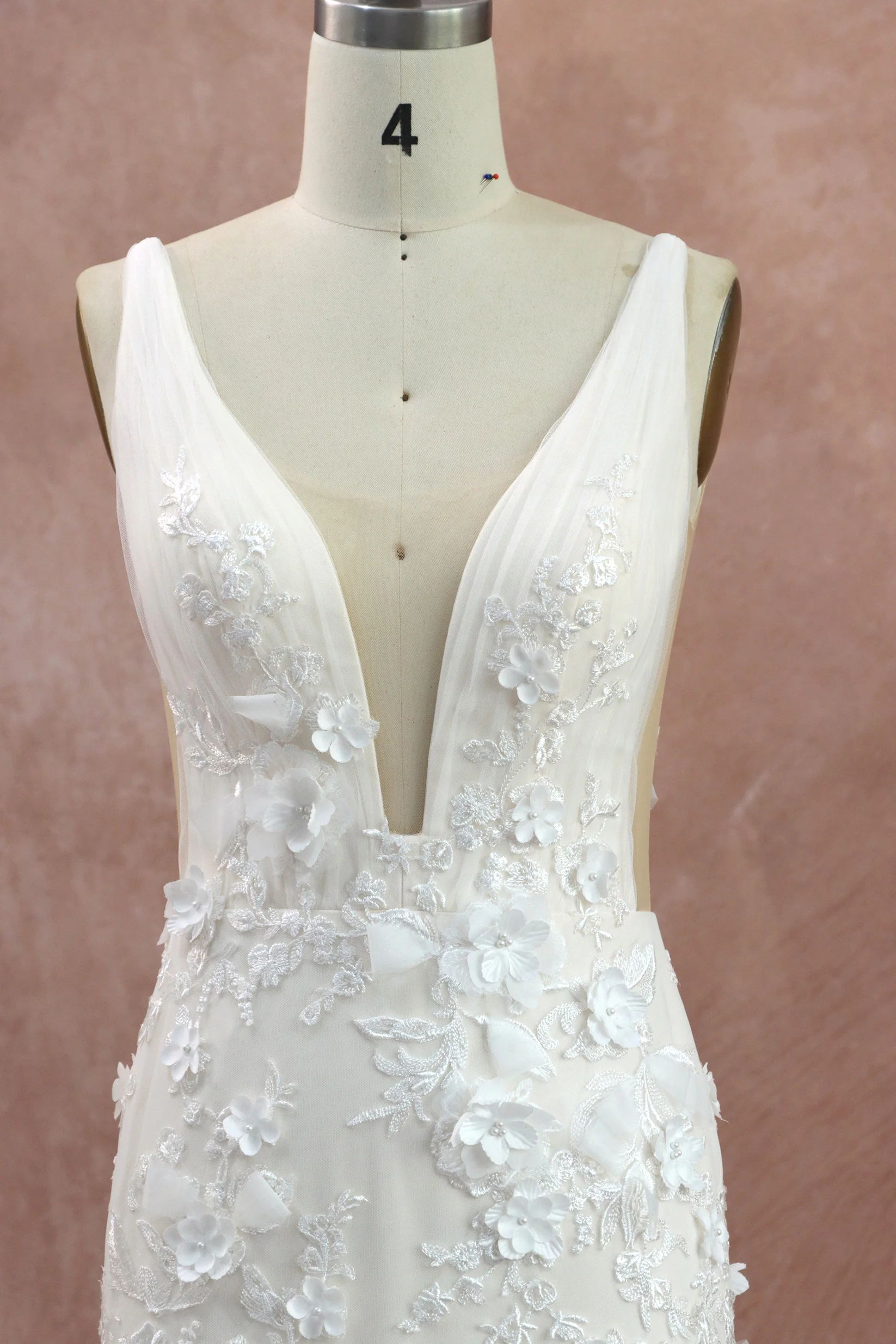 3D Flowers Lace Wedding Dress With Deep V-neckline