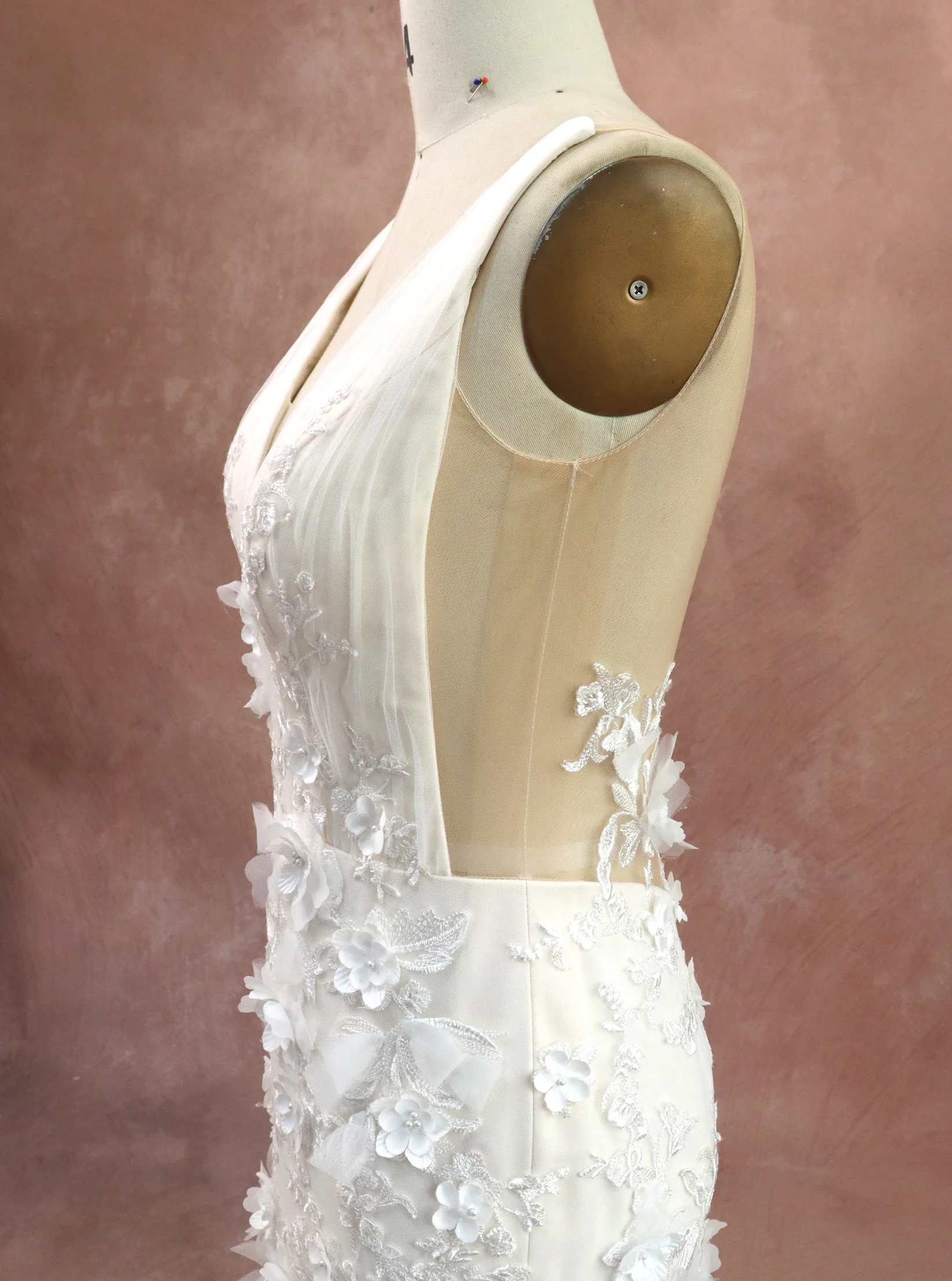 3D Flowers Lace Wedding Dress With Deep V-neckline