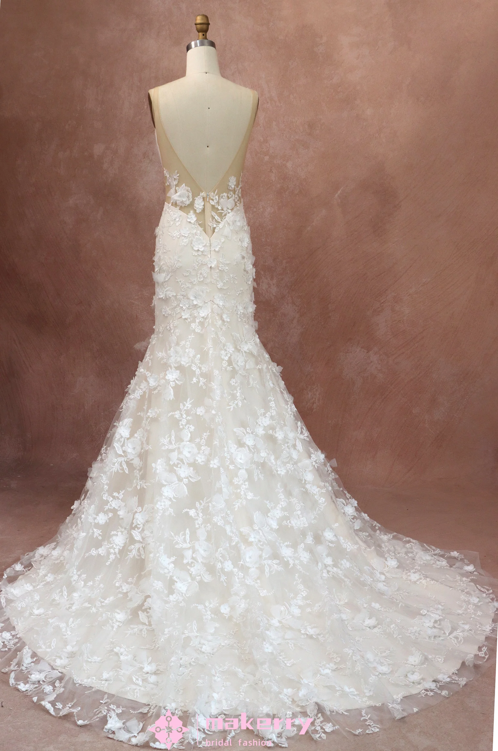3D Flowers Lace Wedding Dress With Deep V-neckline