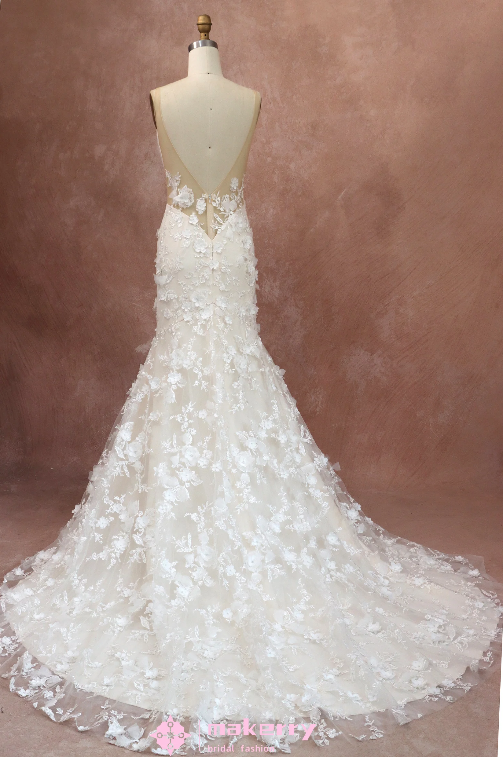 3D Flowers Lace Wedding Dress With Deep V-neckline