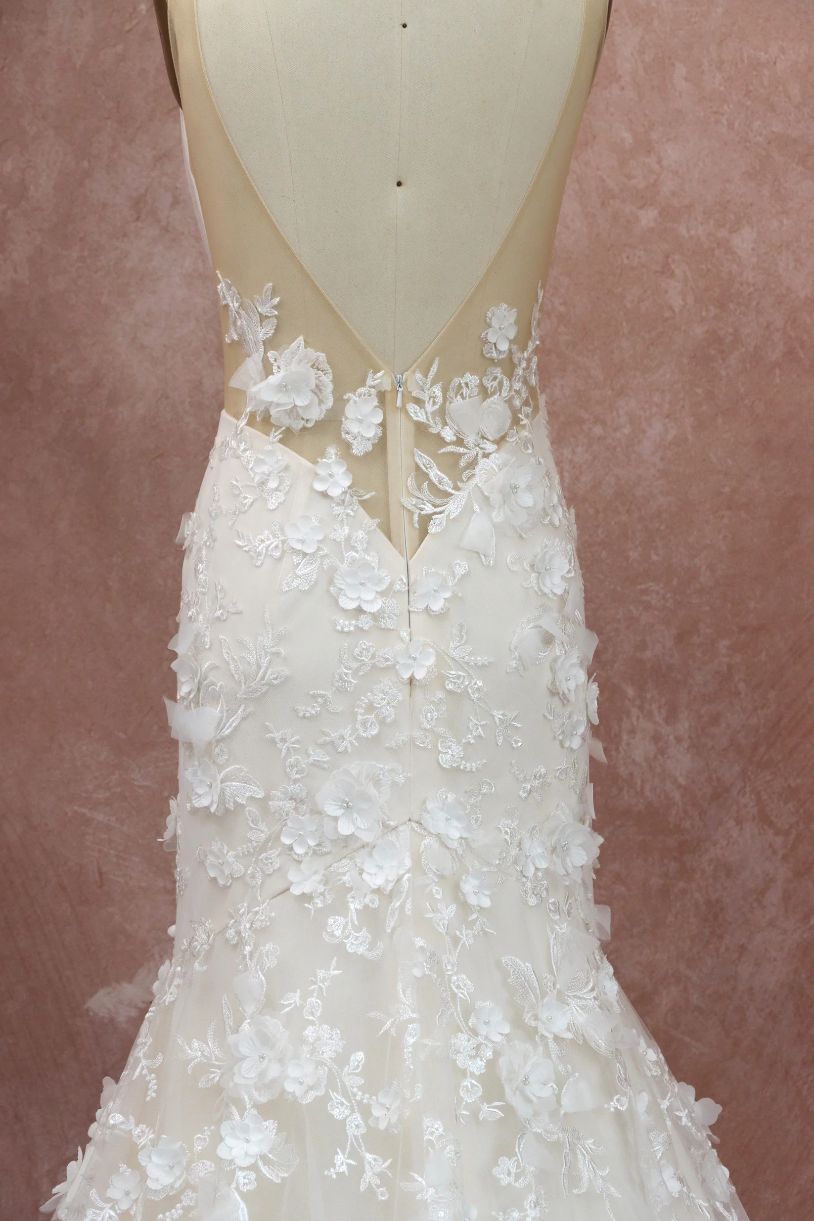 3D Flowers Lace Wedding Dress With Deep V-neckline