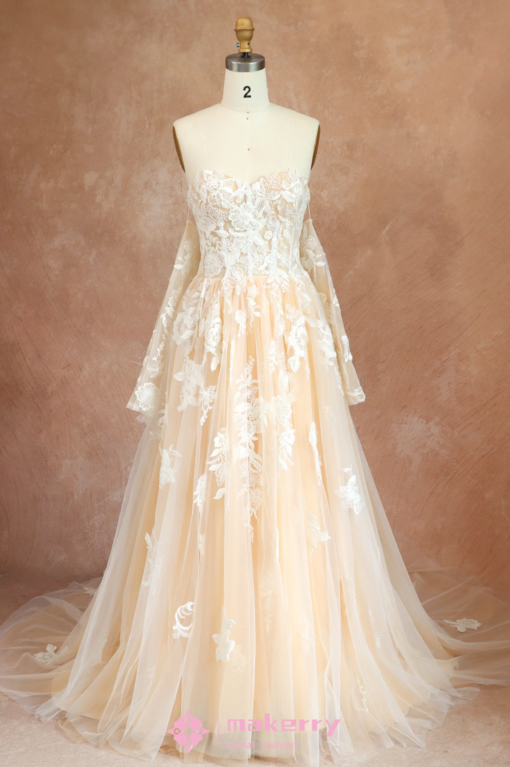 Floral Appliqué Wedding Dress with Sheer Long Sleeves