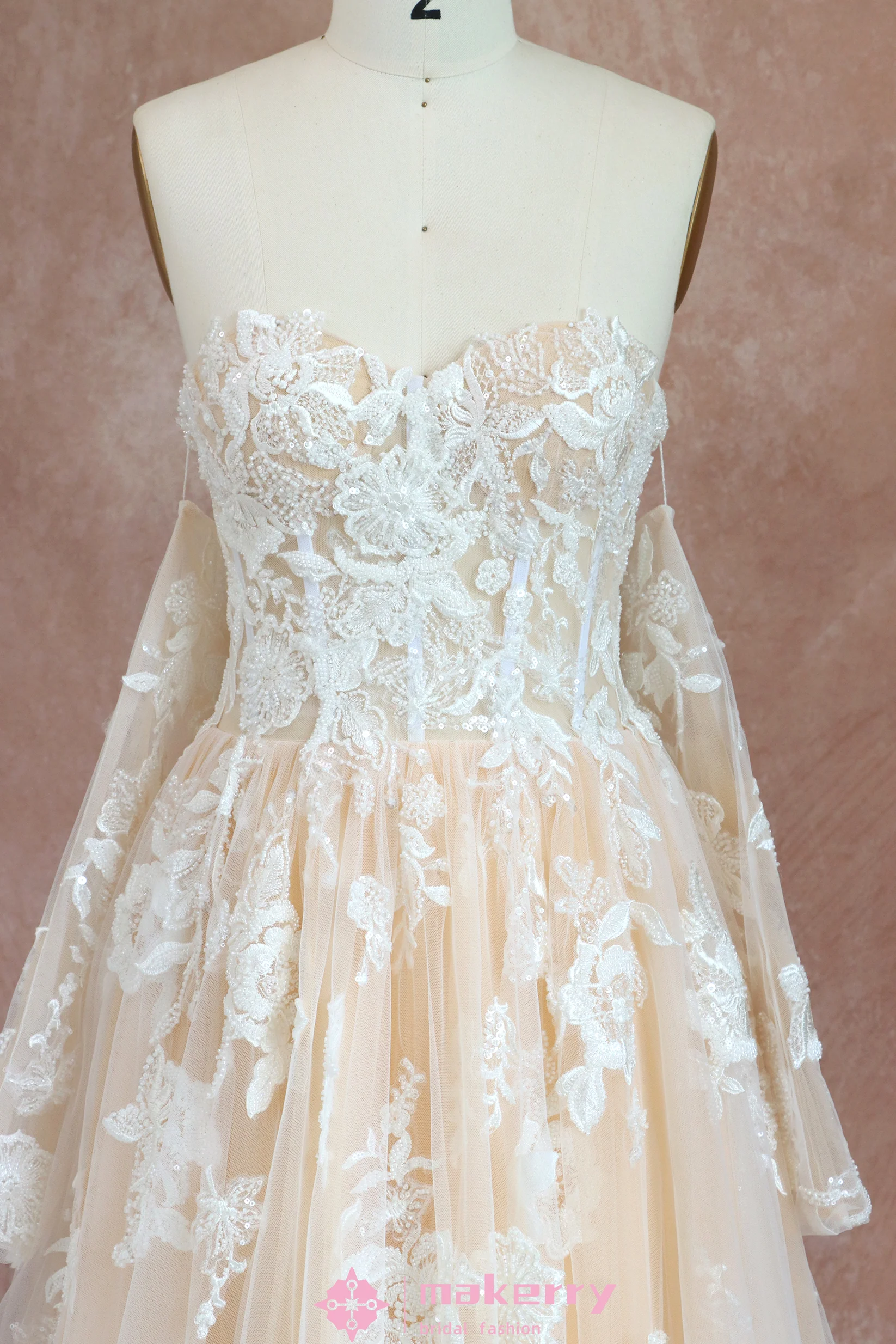 Floral Appliqué Wedding Dress with Sheer Long Sleeves