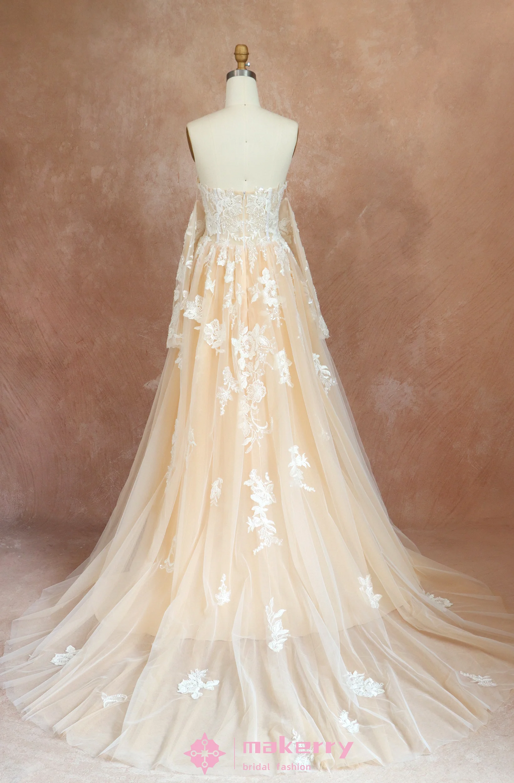 Floral Appliqué Wedding Dress with Sheer Long Sleeves