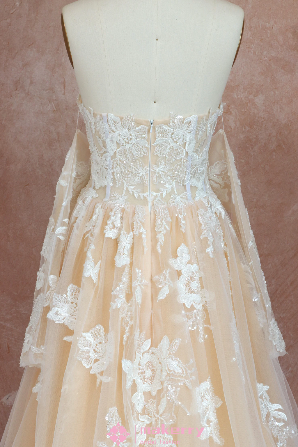 Floral Appliqué Wedding Dress with Sheer Long Sleeves