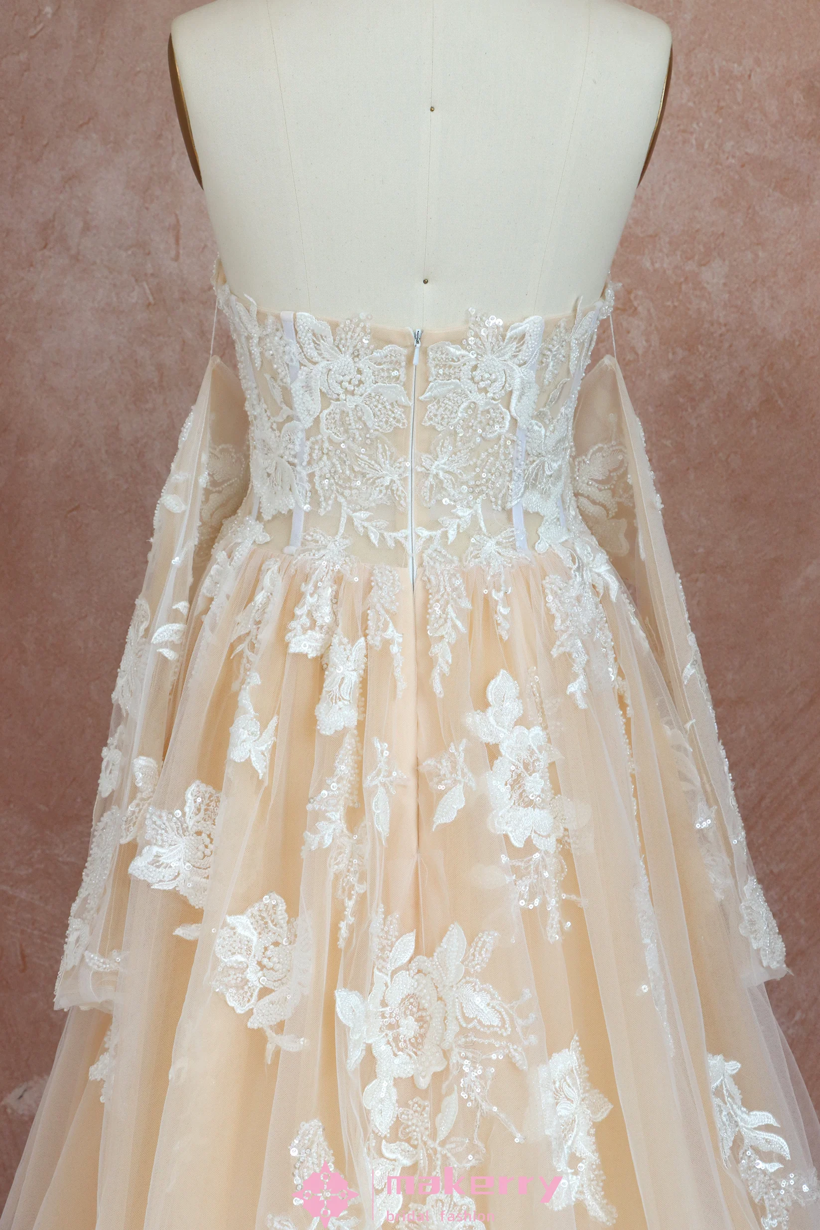 Floral Appliqué Wedding Dress with Sheer Long Sleeves