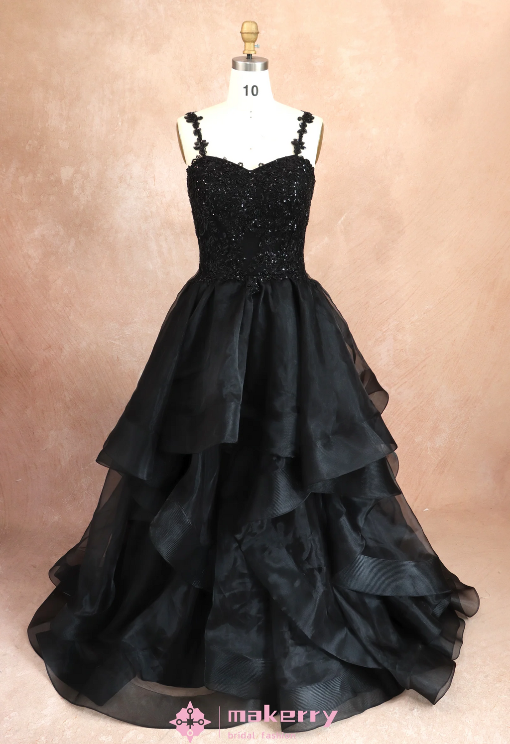 Black Beading Lace Bridal Gown With Ruffle Skirt