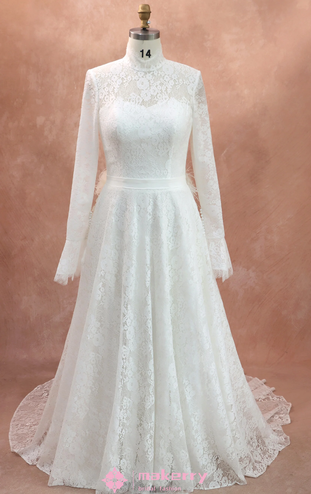 High Neck Long Sleeves Lace Wedding Dress With Illusion Back