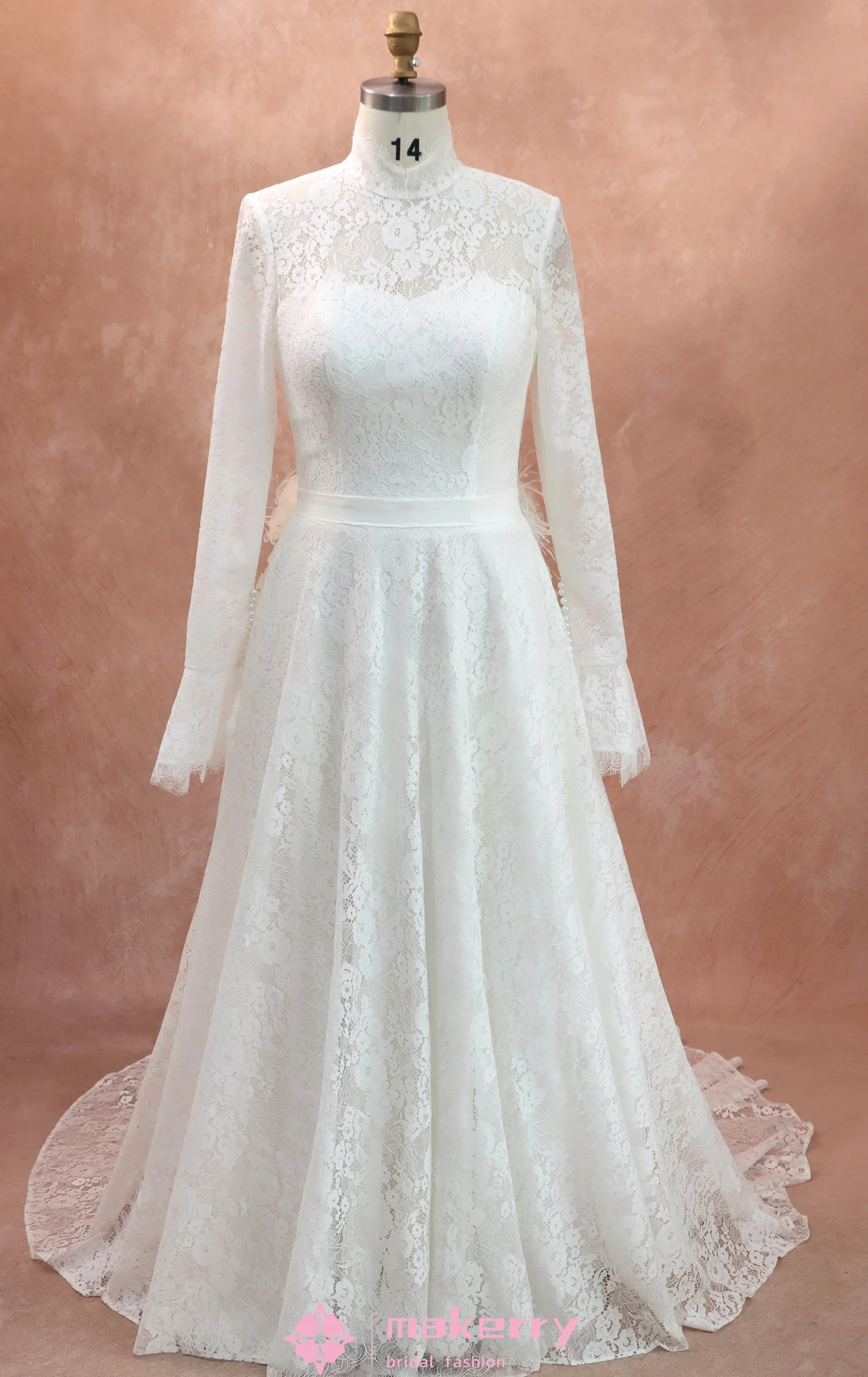 High Neck Long Sleeves Lace Wedding Dress With Illusion Back