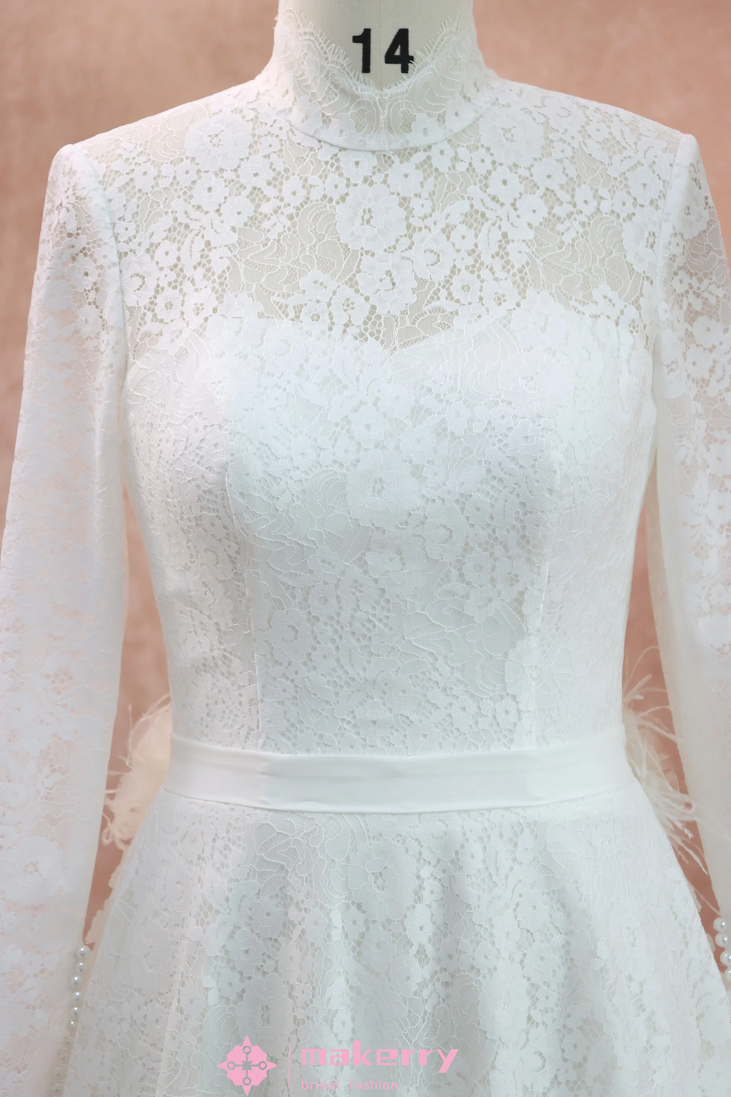 High Neck Long Sleeves Lace Wedding Dress With Illusion Back