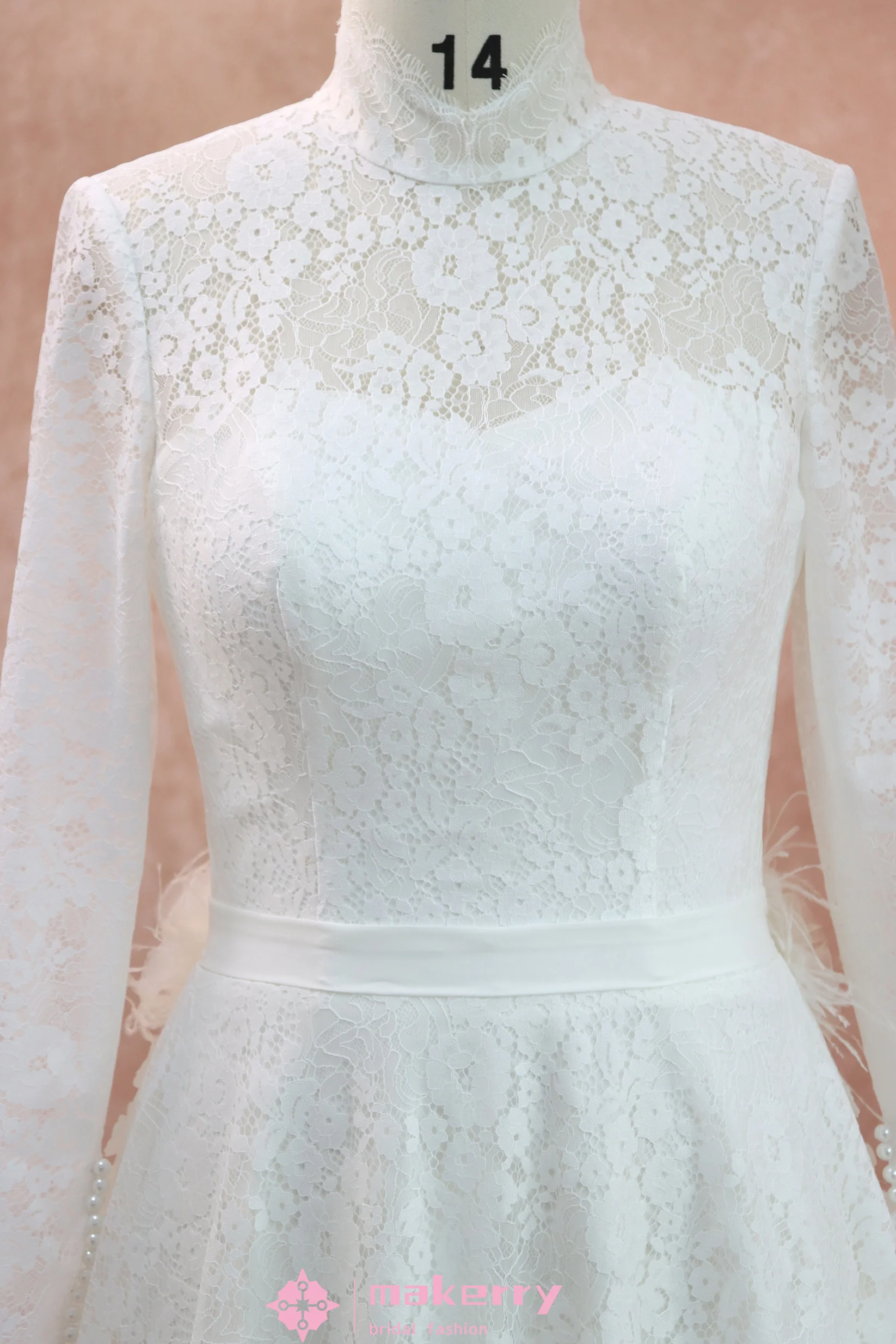 High Neck Long Sleeves Lace Wedding Dress With Illusion Back