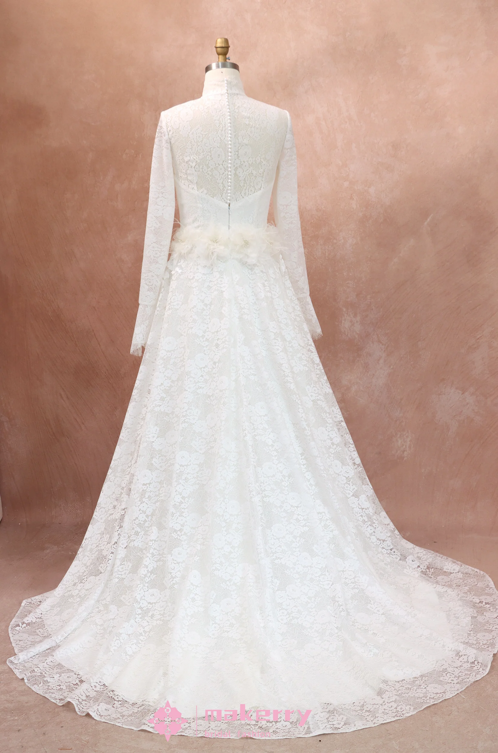 High Neck Long Sleeves Lace Wedding Dress With Illusion Back