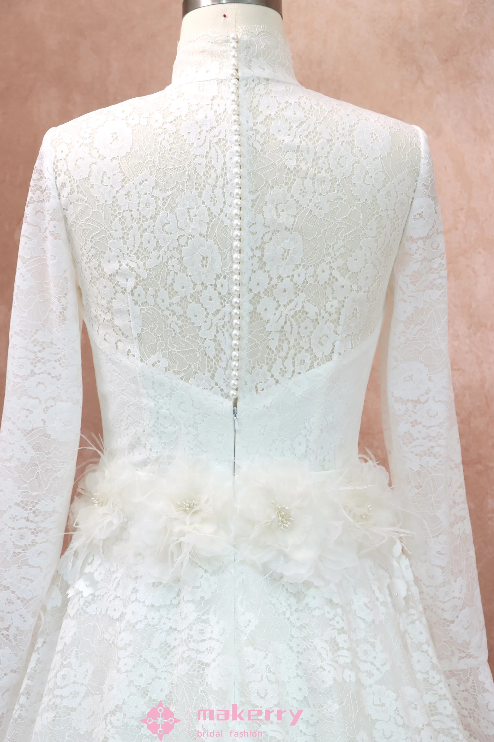 High Neck Long Sleeves Lace Wedding Dress With Illusion Back