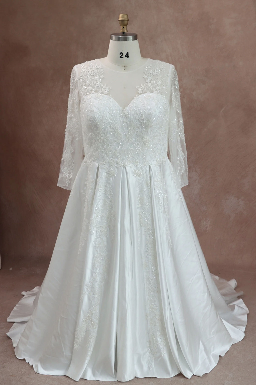 Elegant Beaded Lace Satin Wedding Dress With Long Sleeves