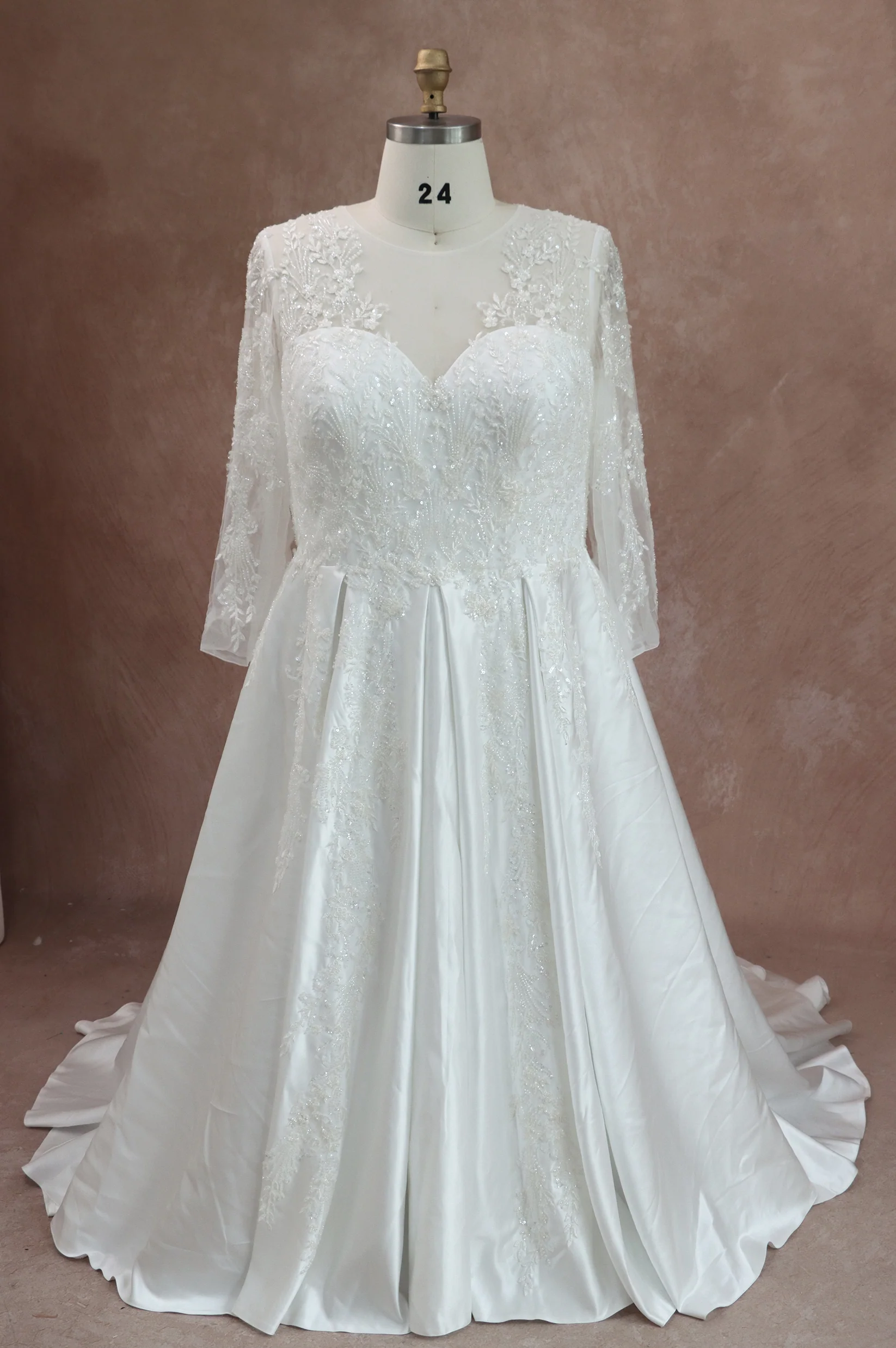 Elegant Beaded Lace Satin Wedding Dress With Long Sleeves