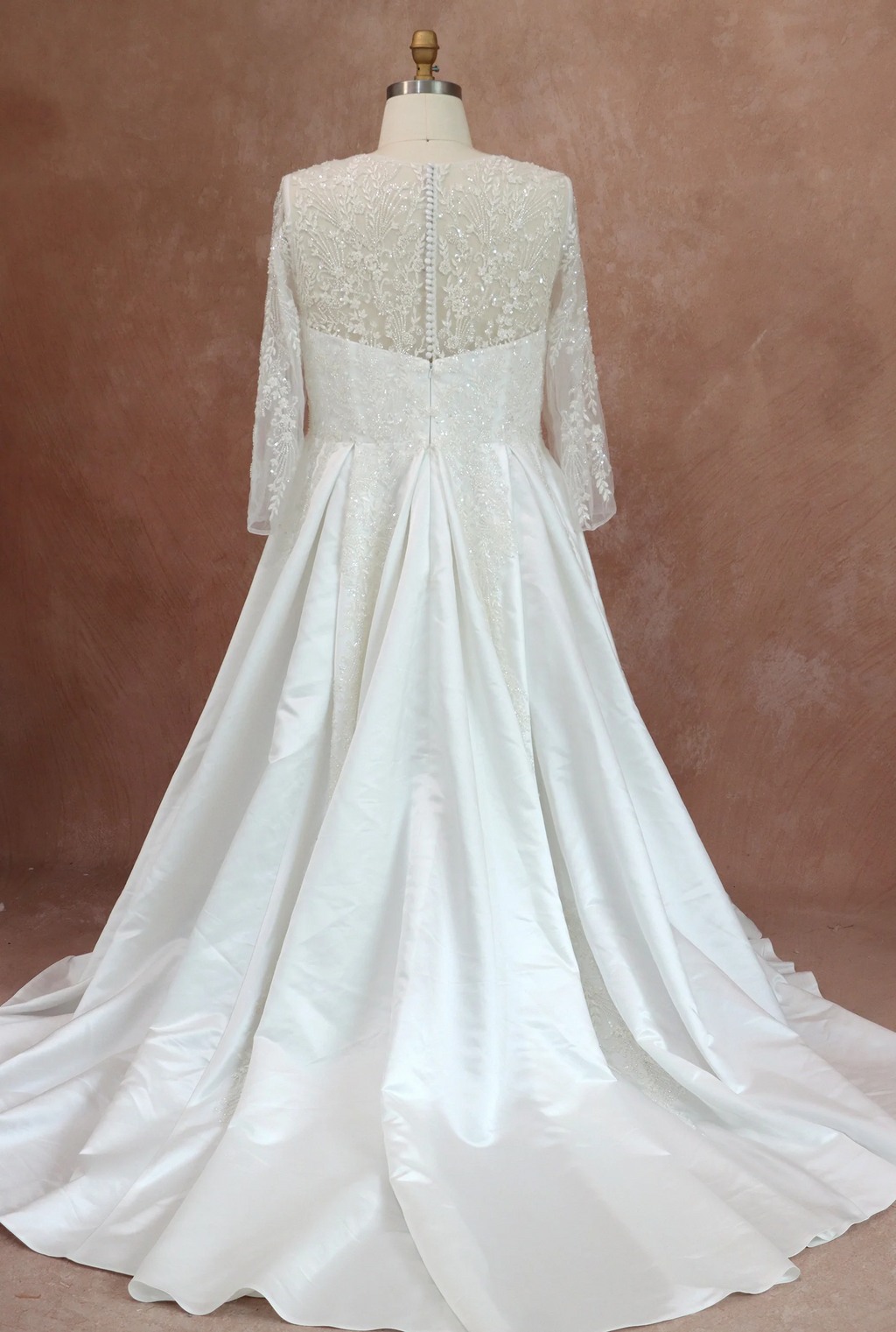 Elegant Beaded Lace Satin Wedding Dress With Long Sleeves