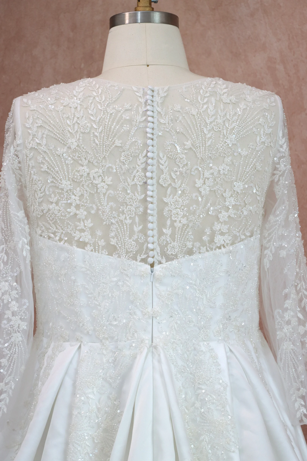 Elegant Beaded Lace Satin Wedding Dress With Long Sleeves