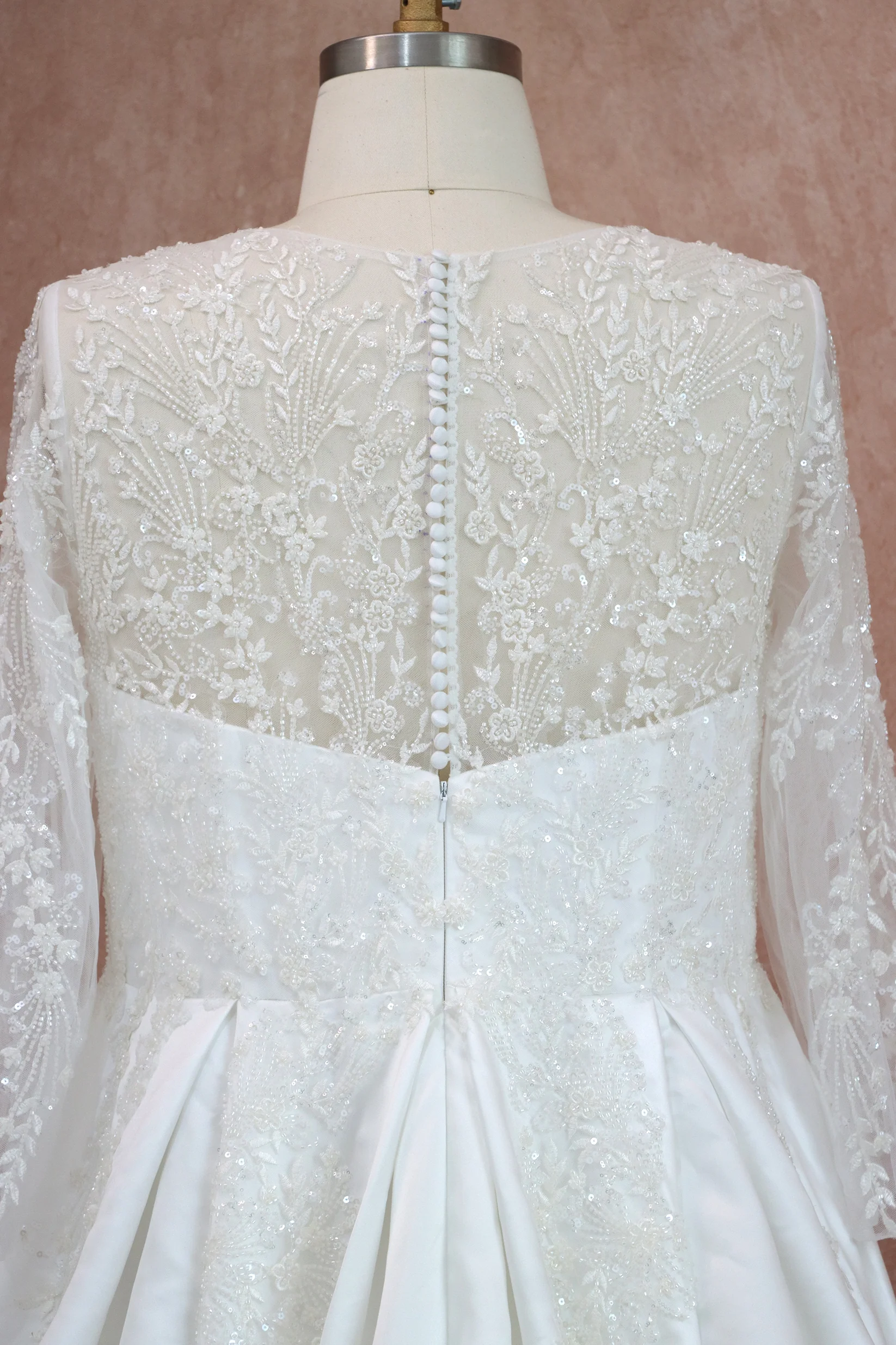 Elegant Beaded Lace Satin Wedding Dress With Long Sleeves
