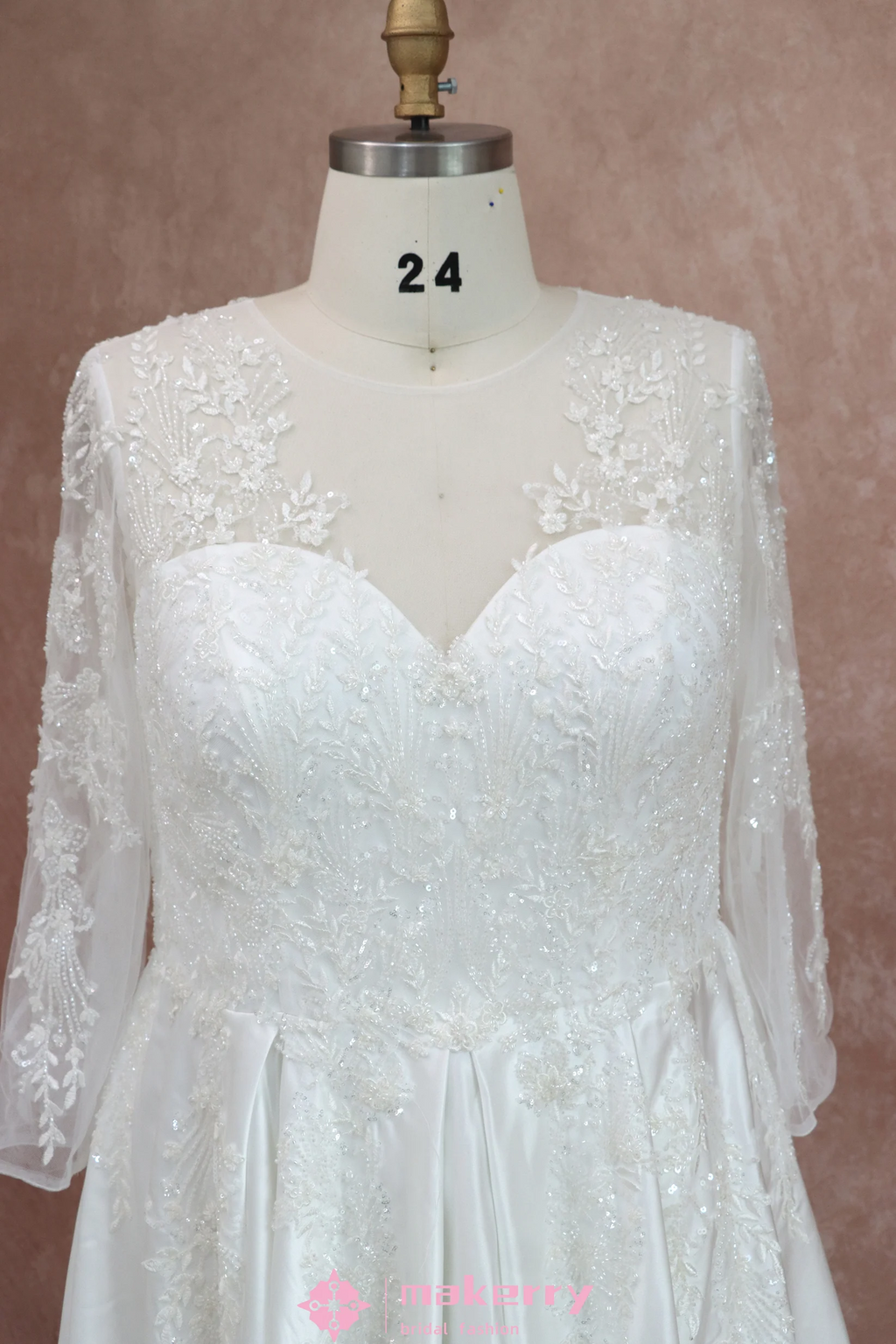 Elegant Beaded Lace Satin Wedding Dress With Long Sleeves