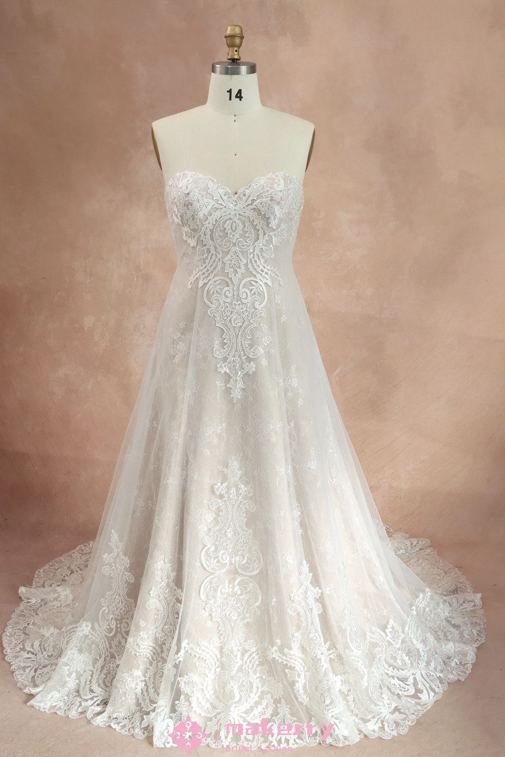 Strapless Sweetheart Pink Nude Lace Wedding Dress