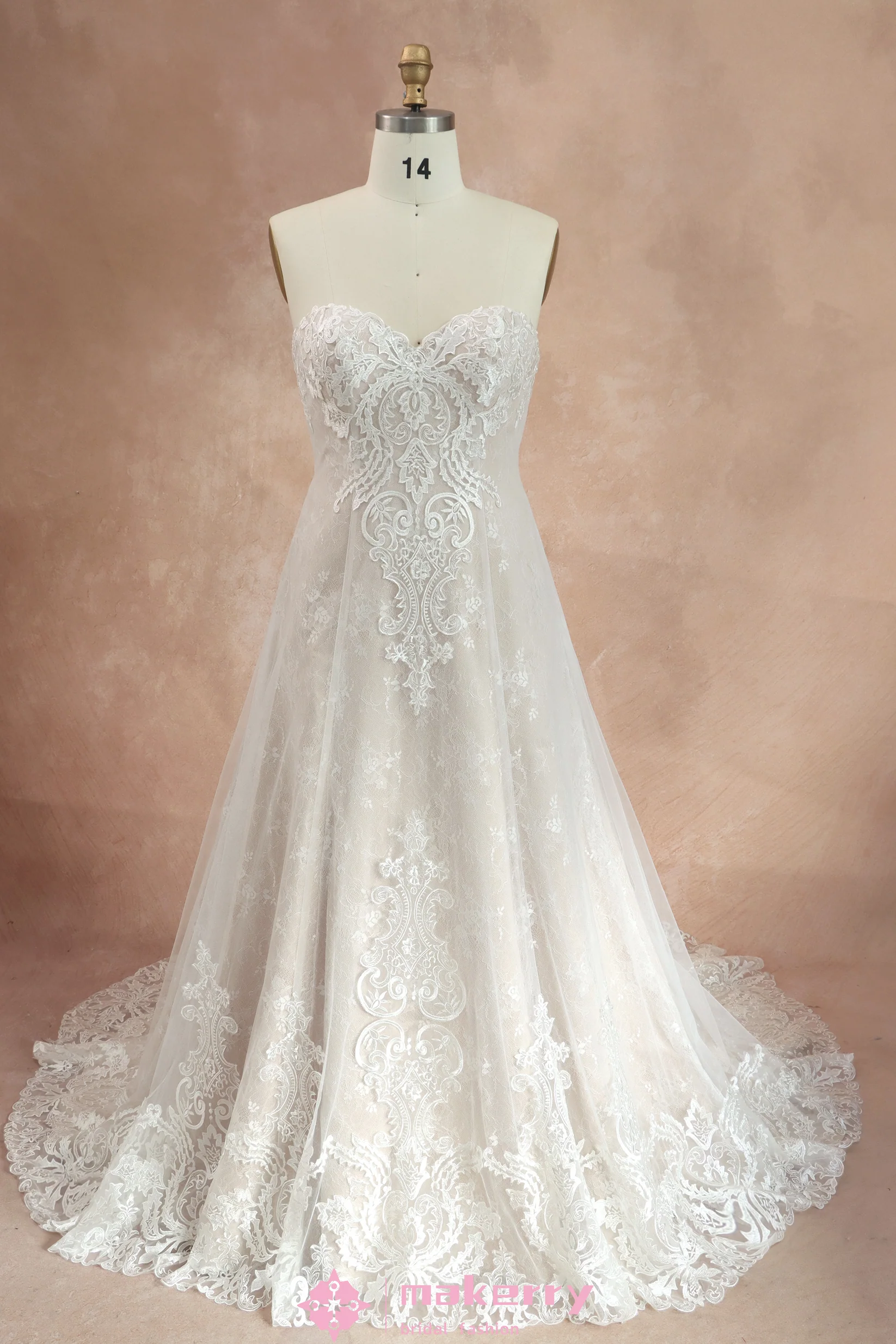 Strapless Sweetheart Pink Nude Lace Wedding Dress